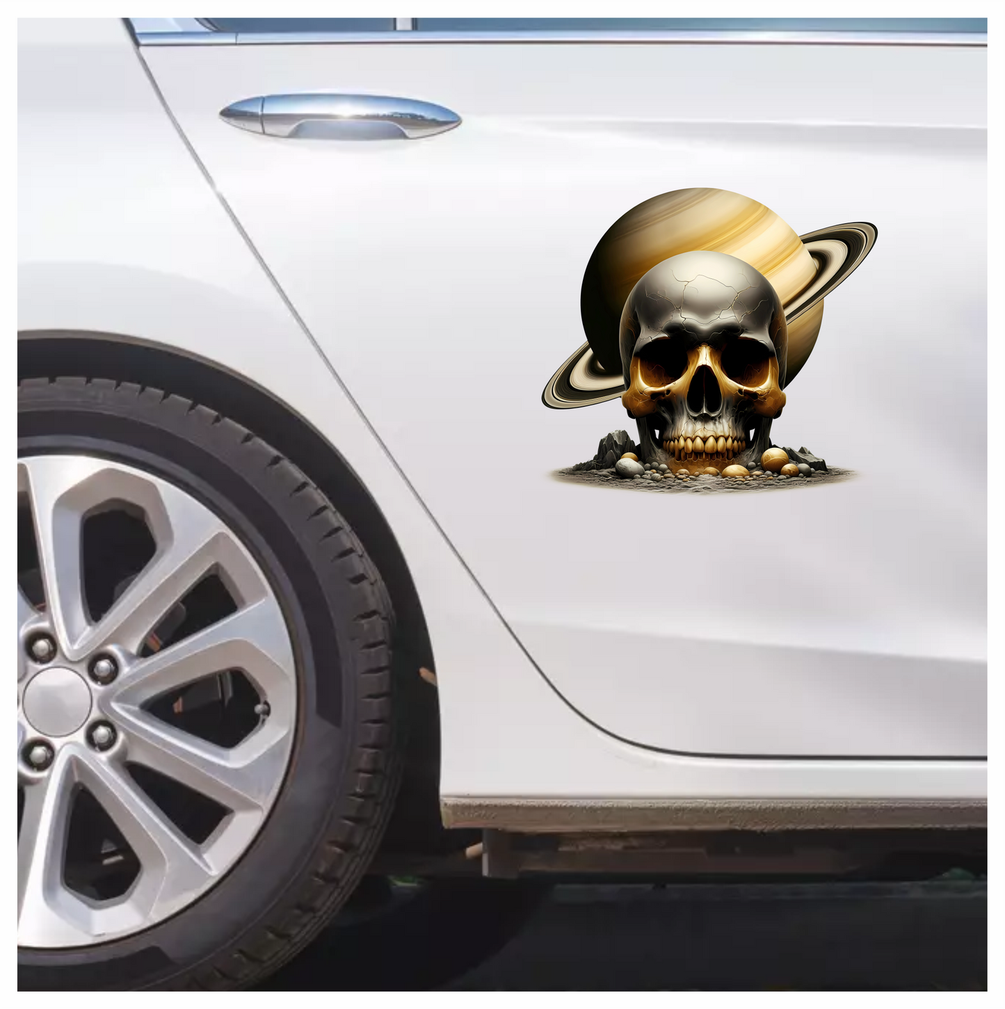 Skull Saturn Planet Rocks Cracked Gold Vinyl Sticker Decal