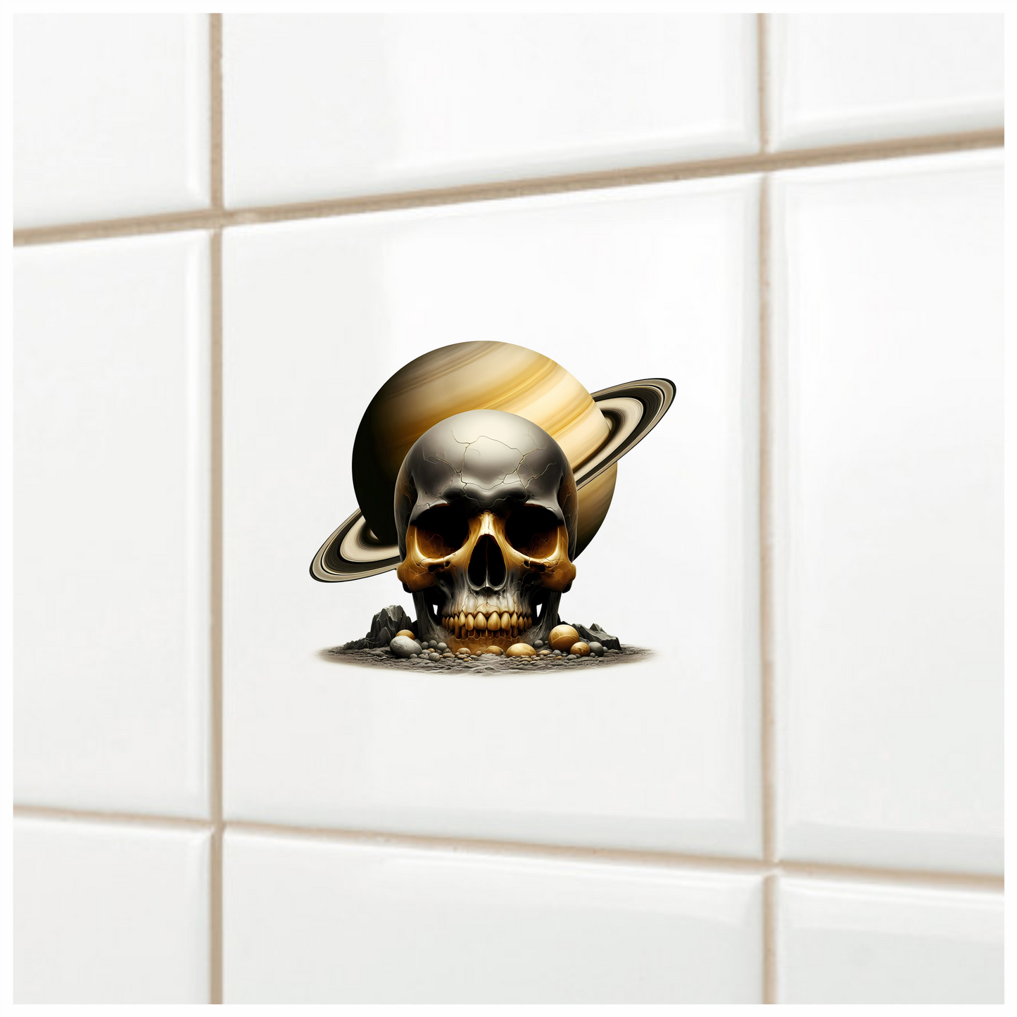 Skull Saturn Planet Rocks Cracked Gold Vinyl Sticker Decal