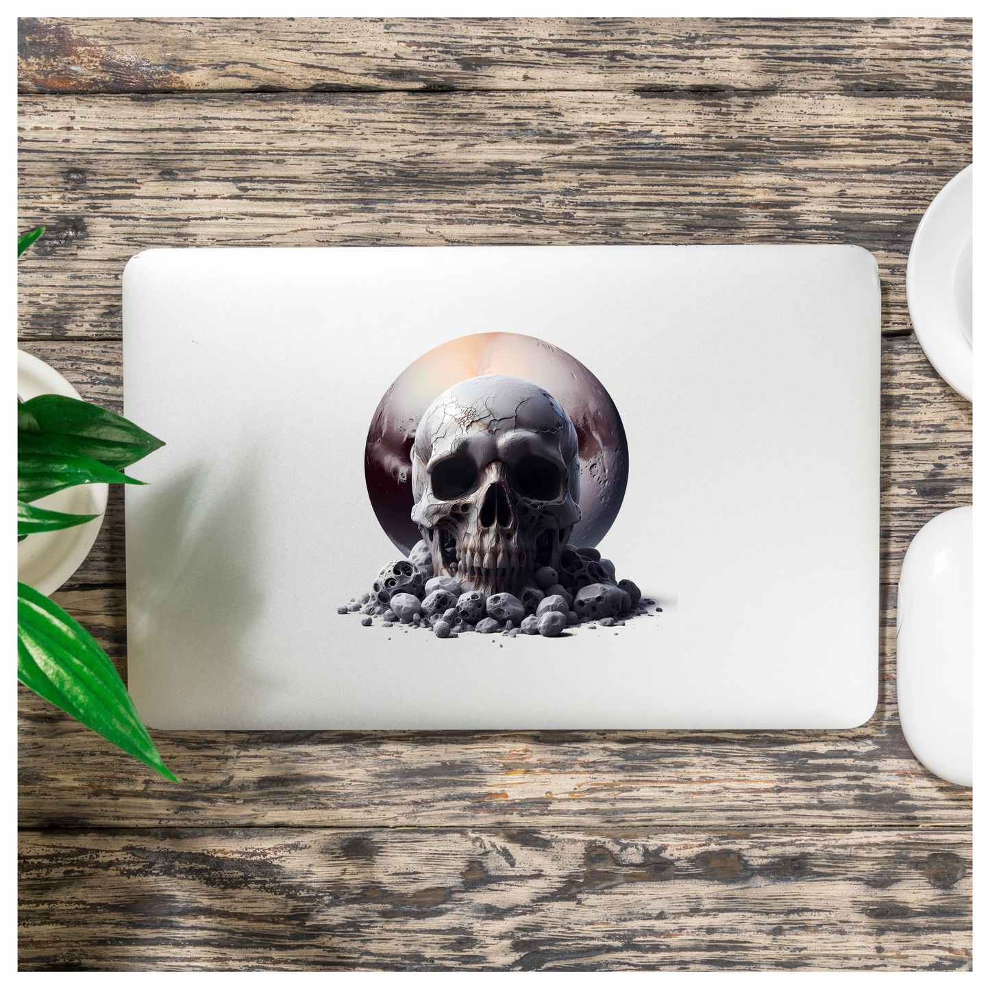 Skull Moon Rocks Cracked White Vinyl Sticker Decal