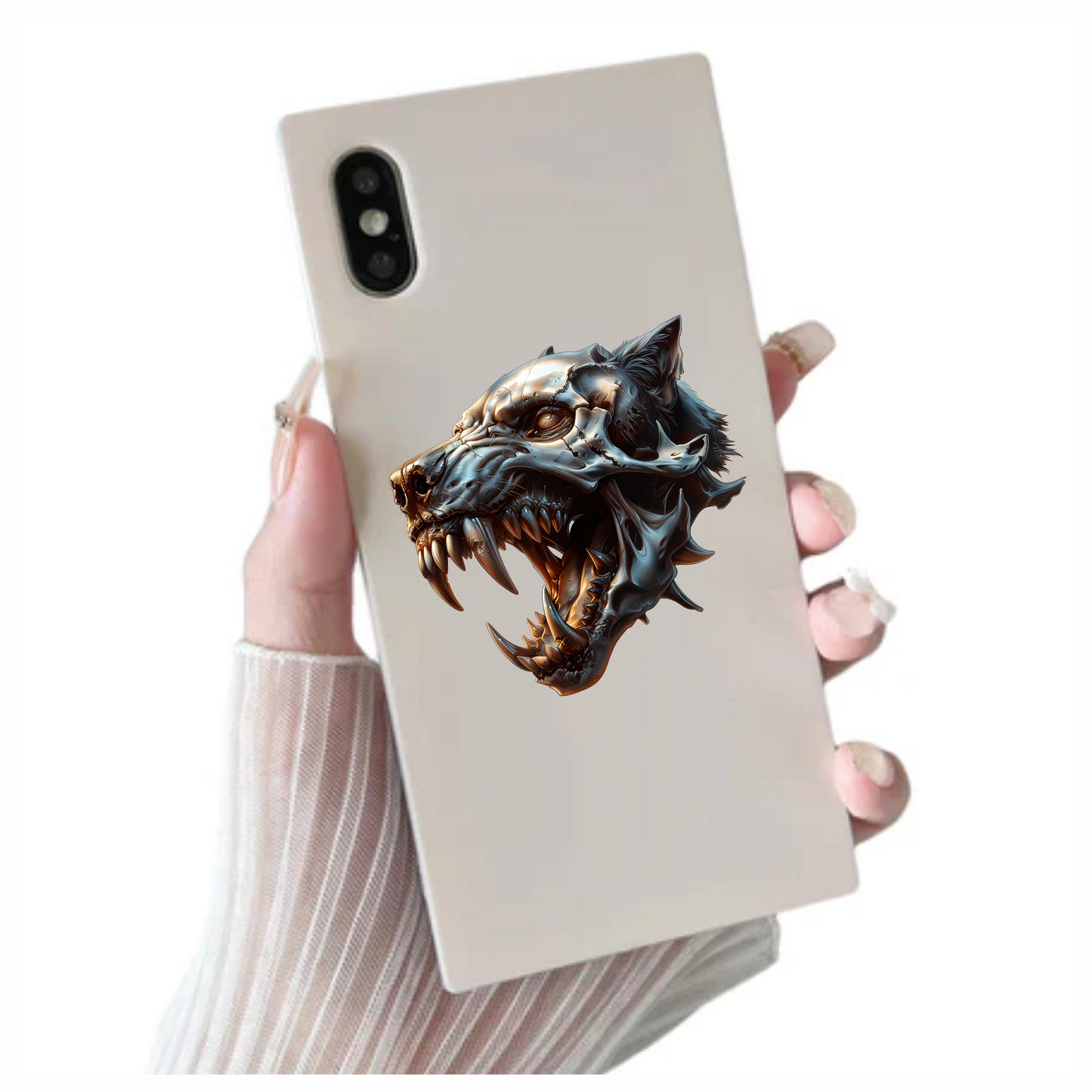Wolf Skull Metallic Teeth Orange Vinyl Sticker Decal
