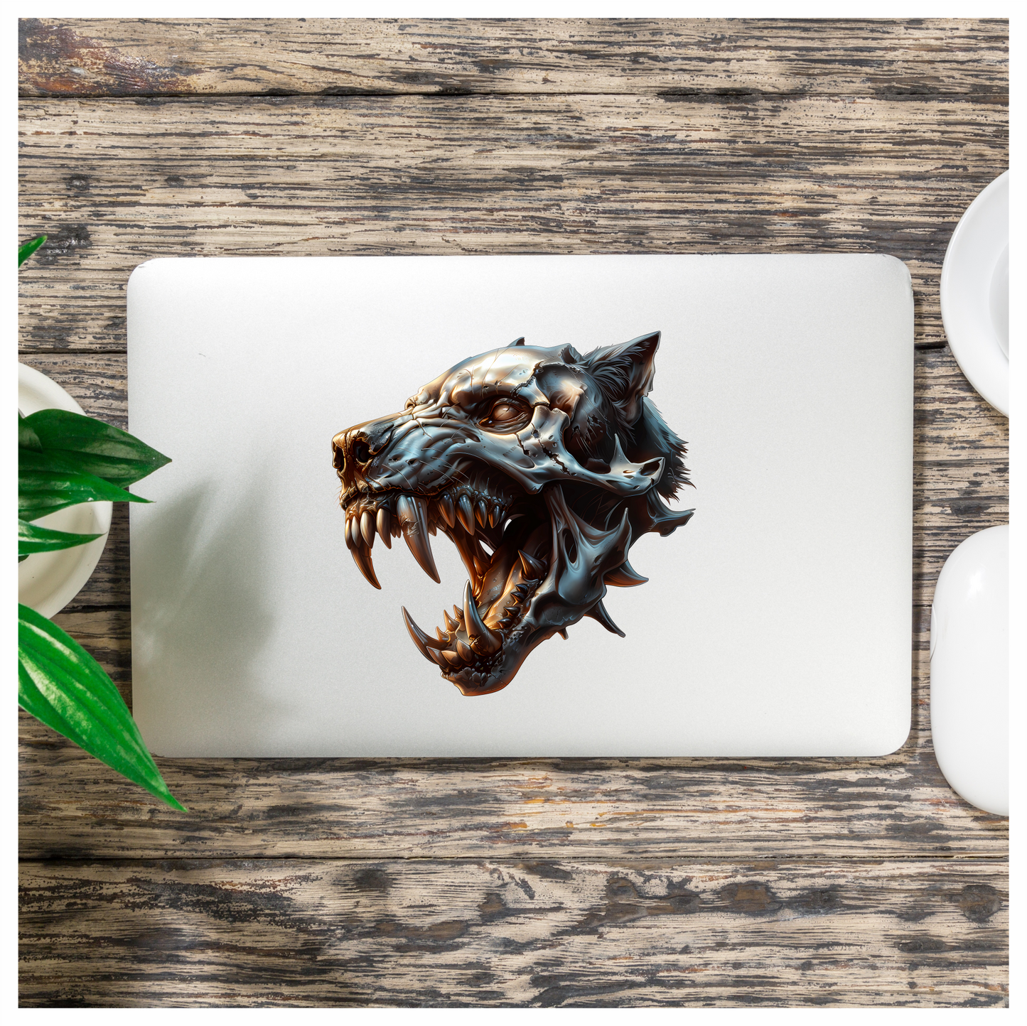 Wolf Skull Metallic Teeth Orange Vinyl Sticker Decal
