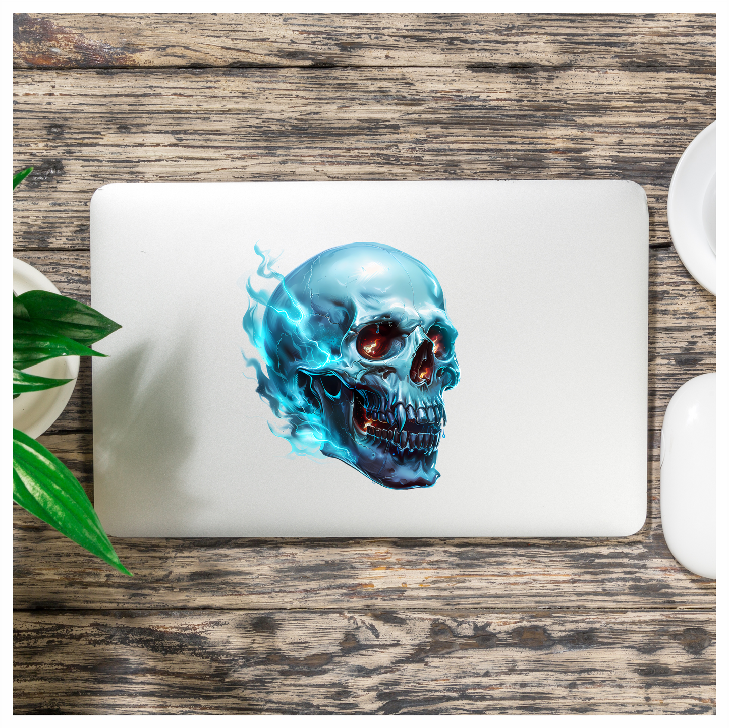 Blue Skull Electric Glowing Fire Vinyl Sticker Decal
