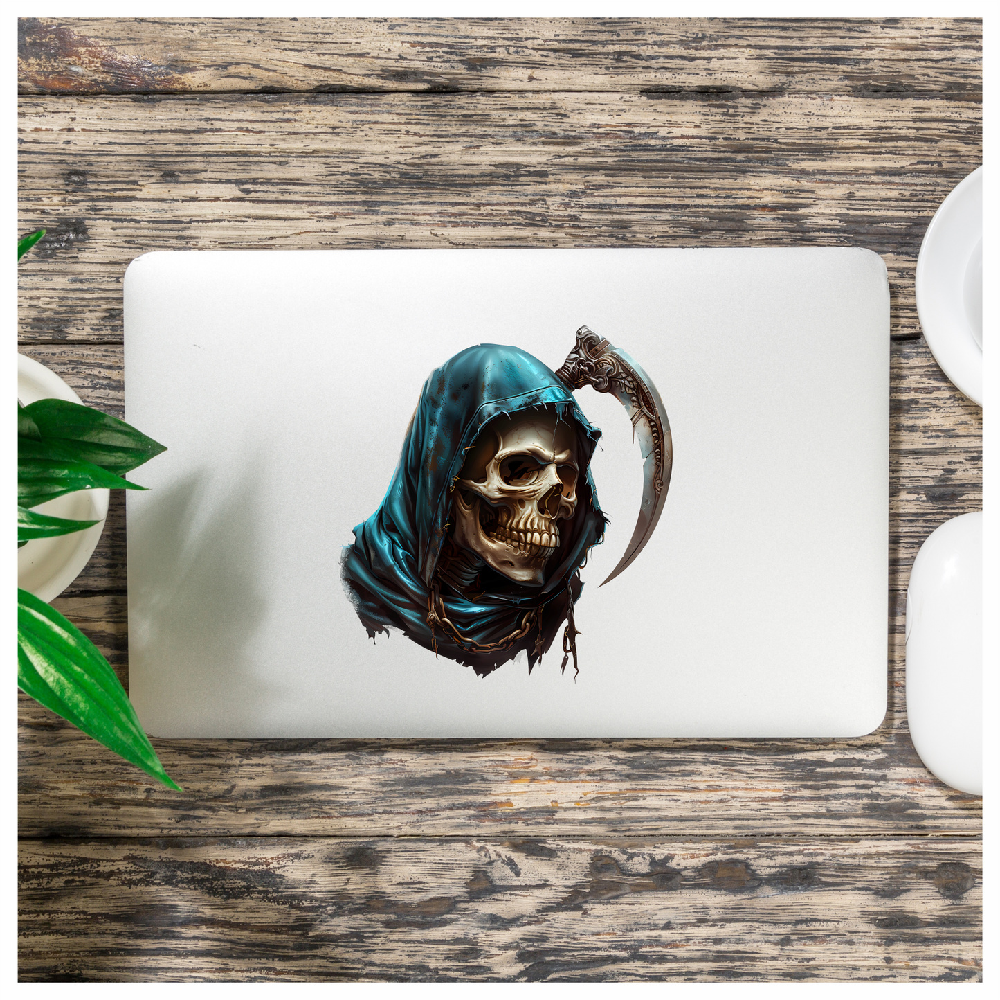 Skull Blue Hood Scythe Death Grim Vinyl Sticker Decal
