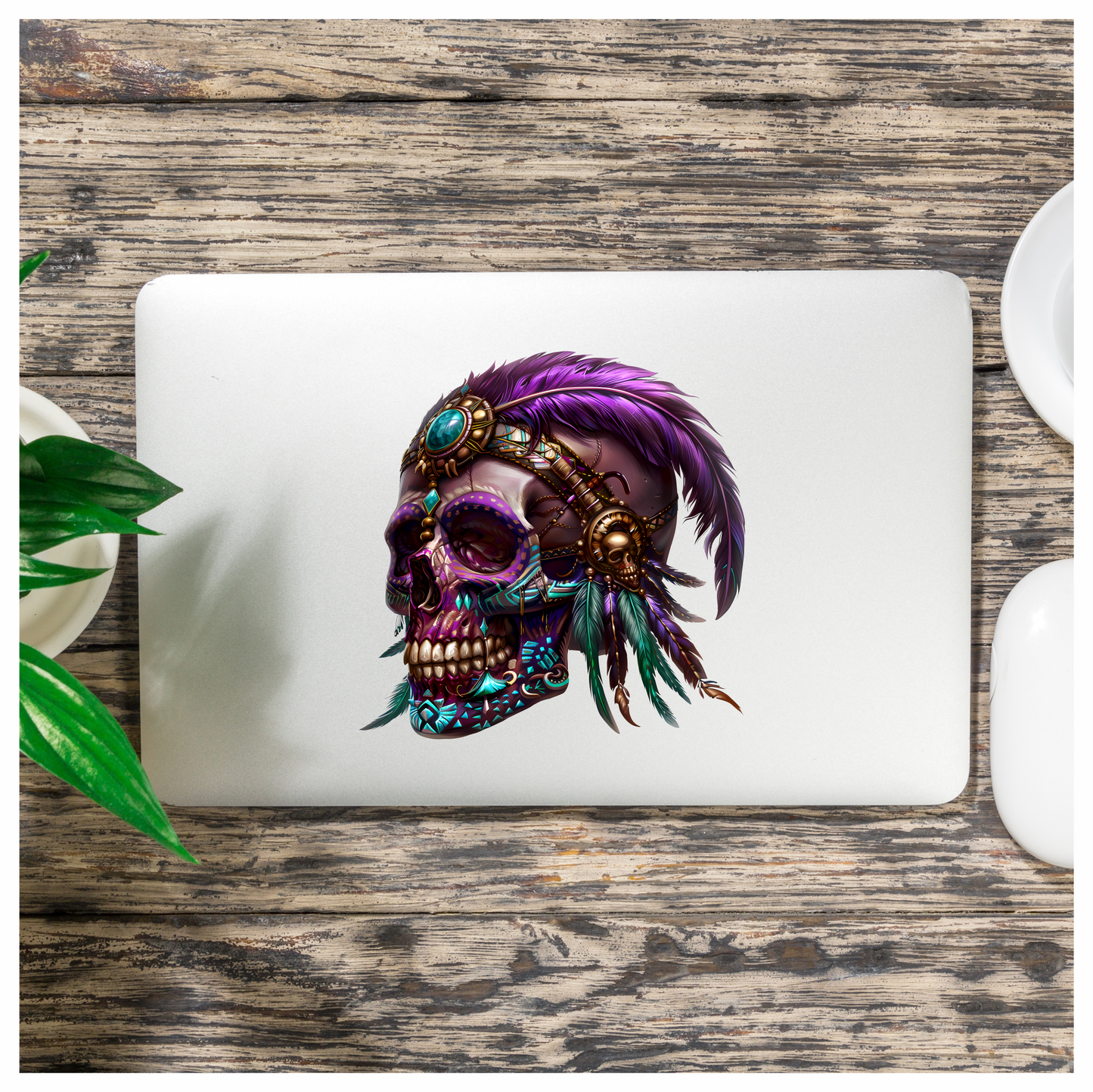 Purple Skull Feather Headdress Tribal Design Vinyl Sticker Decal