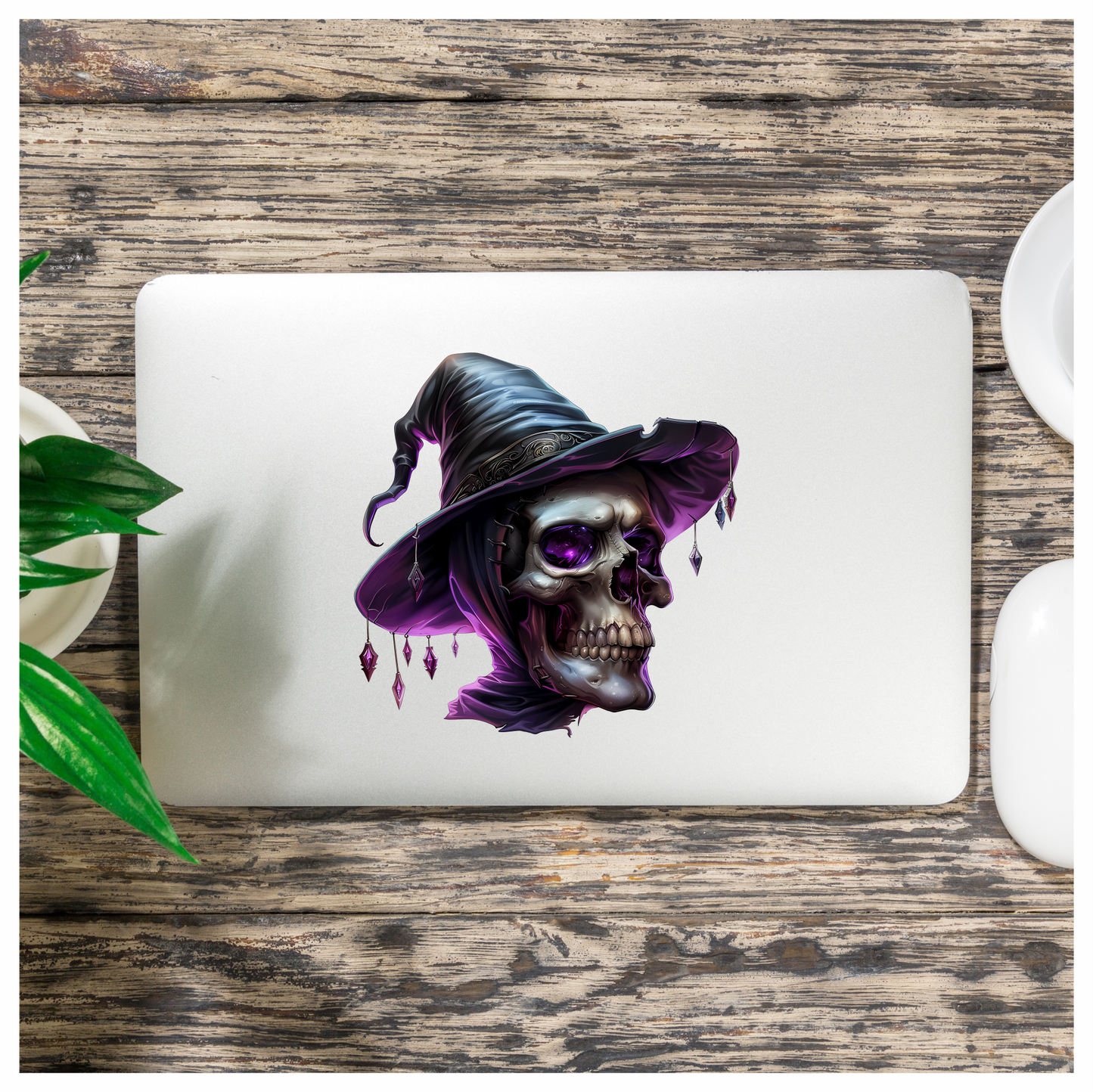 Skull Witch Hat Purple Crystals Spooky Vinyl Sticker Decal