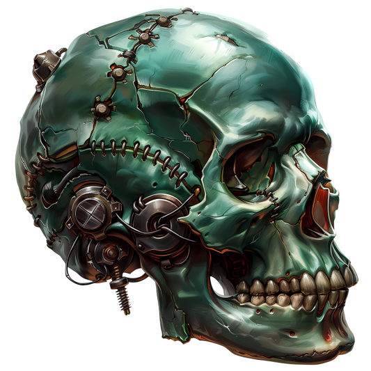 Green Skull Robot Gears Teeth Vinyl Sticker Decal