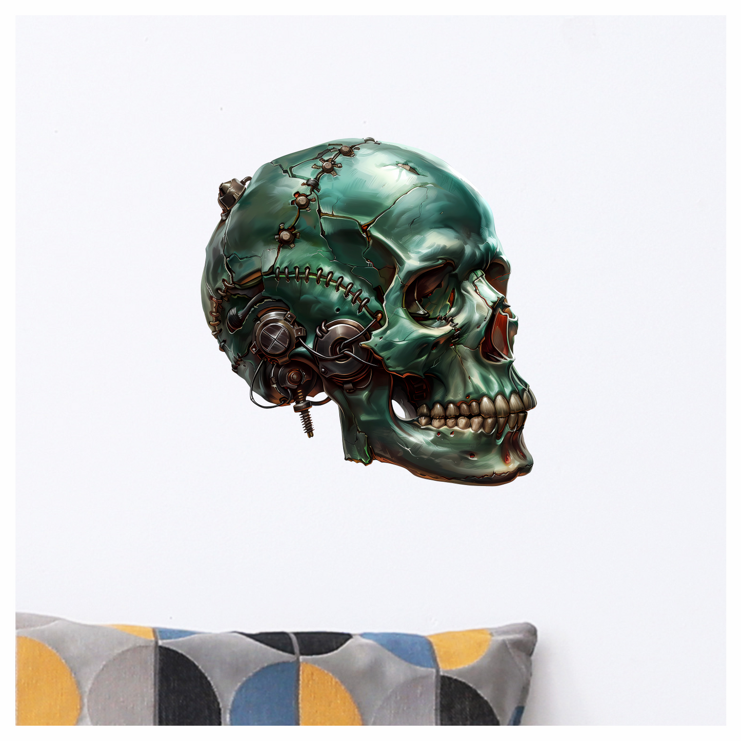 Green Skull Robot Gears Teeth Vinyl Sticker Decal