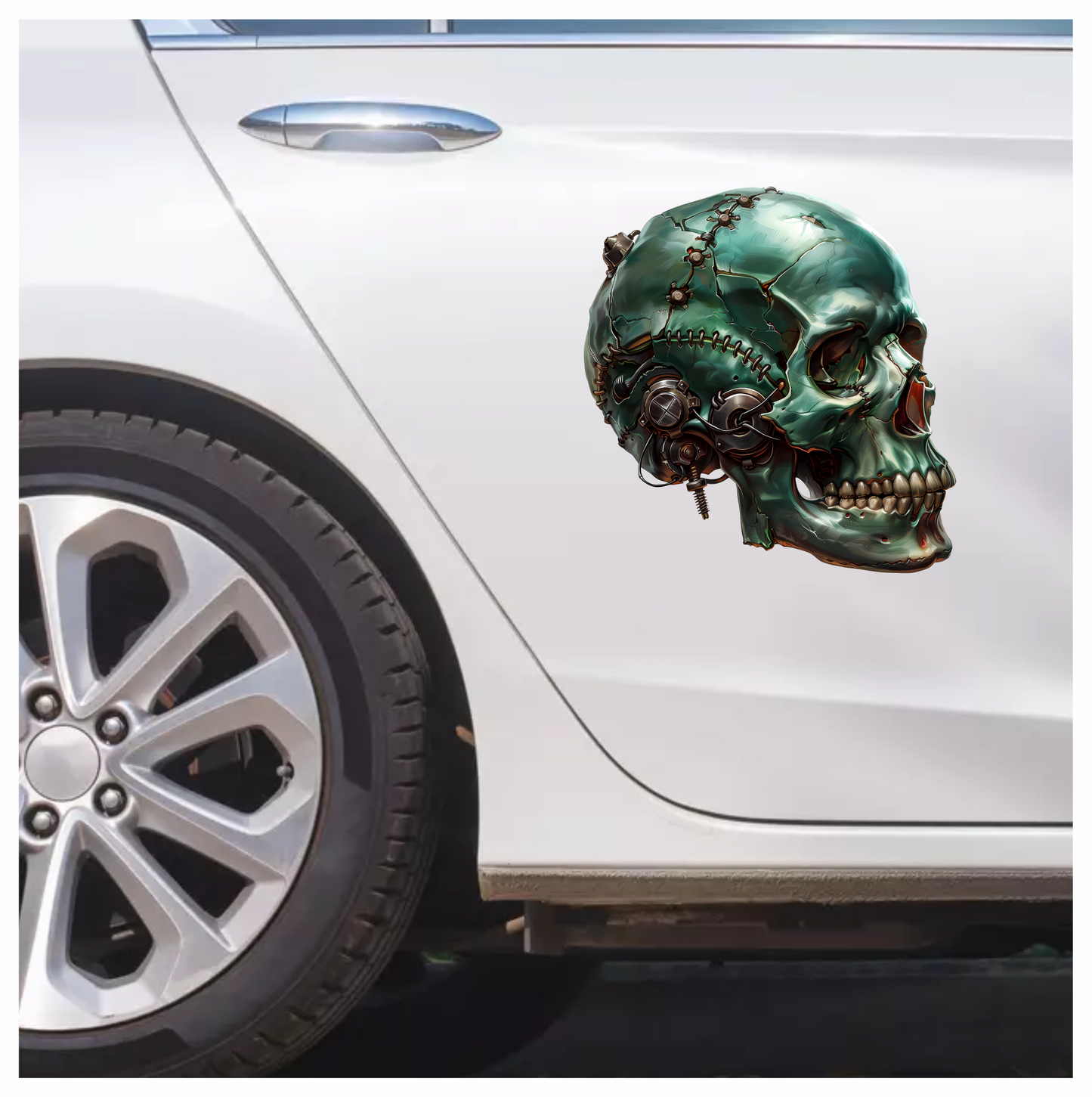 Green Skull Robot Gears Teeth Vinyl Sticker Decal