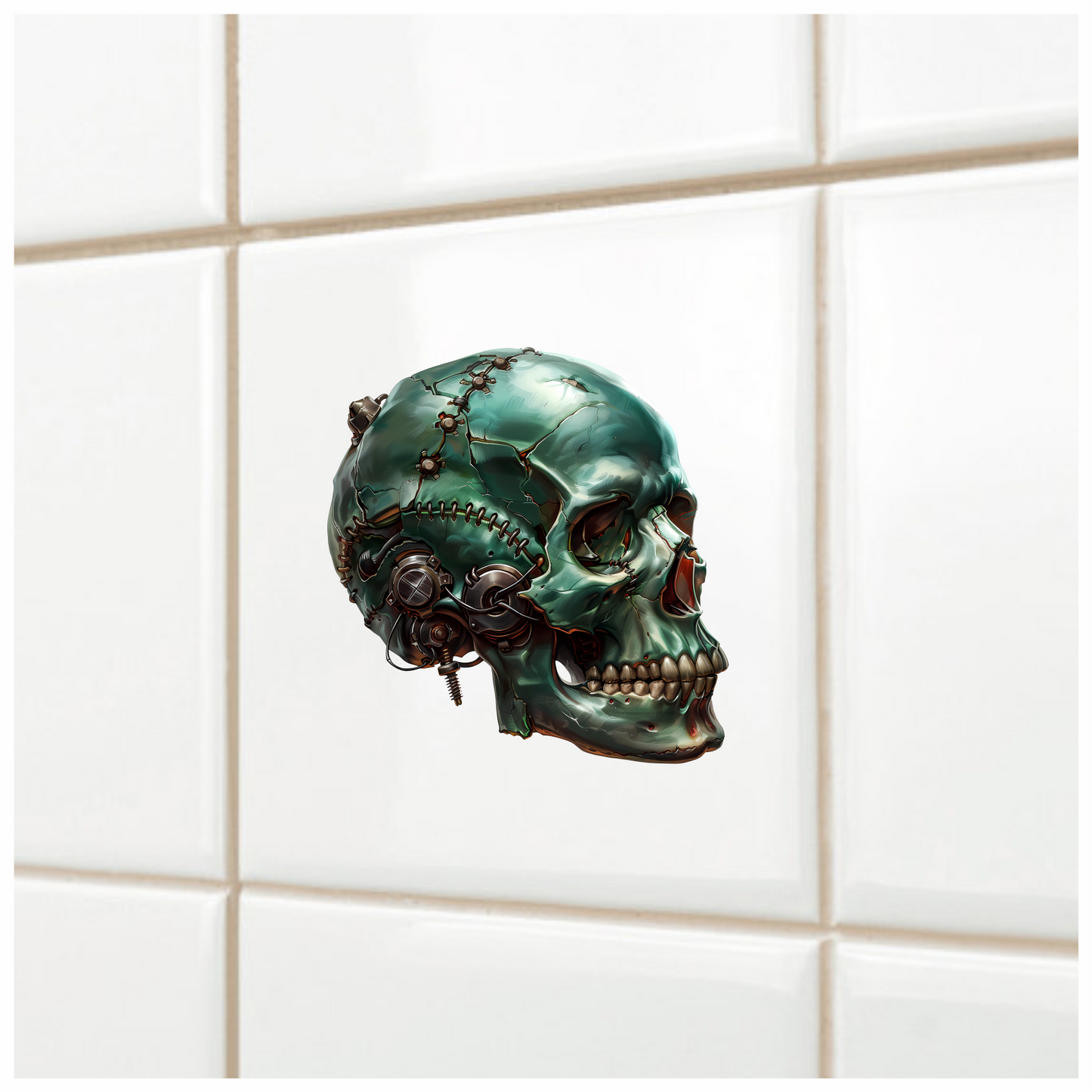 Green Skull Robot Gears Teeth Vinyl Sticker Decal