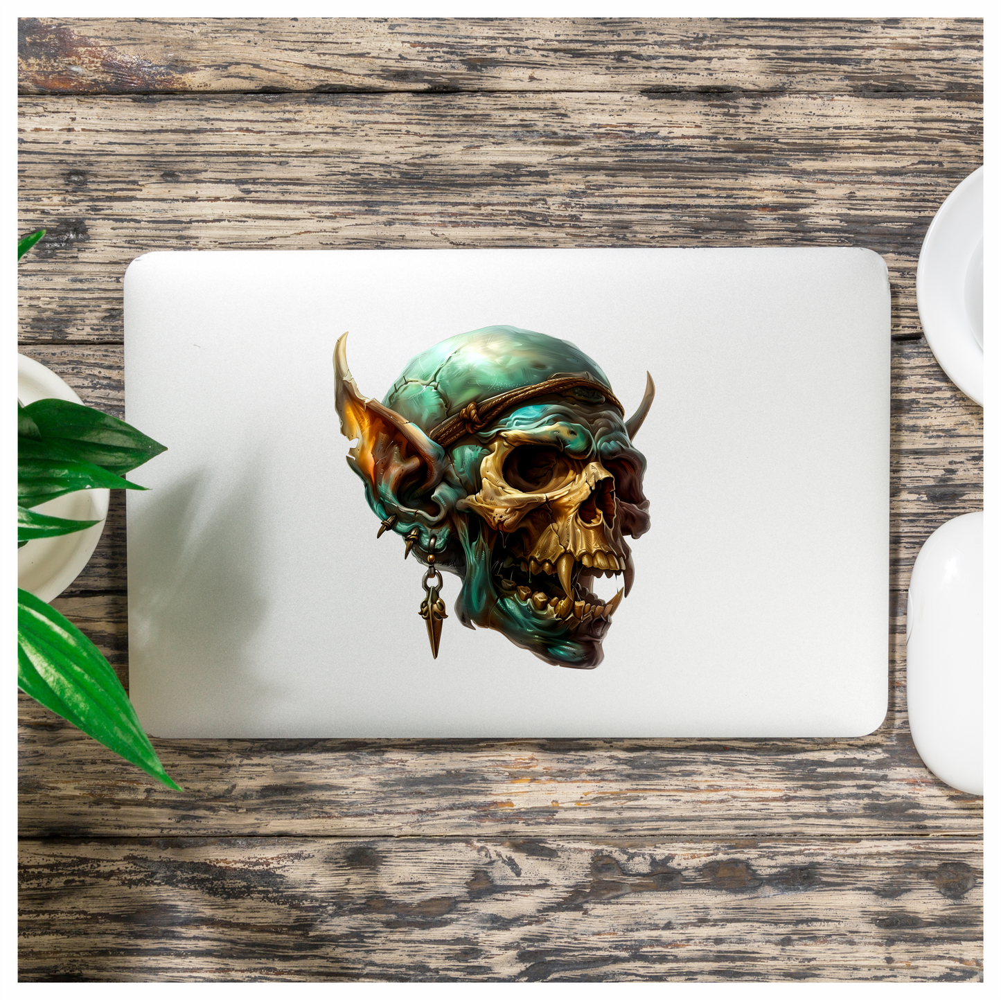 Green Skull Demon Horns Teeth Vinyl Sticker Decal
