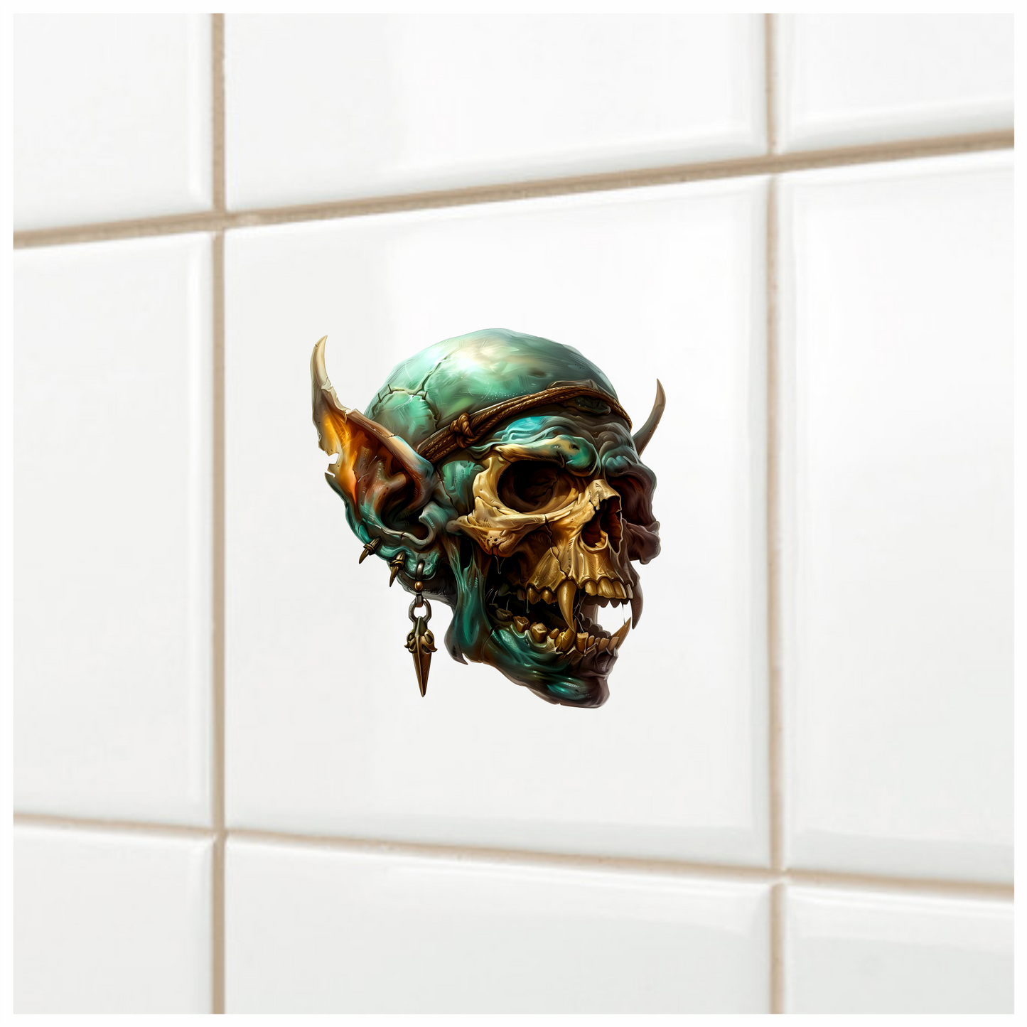 Green Skull Demon Horns Teeth Vinyl Sticker Decal