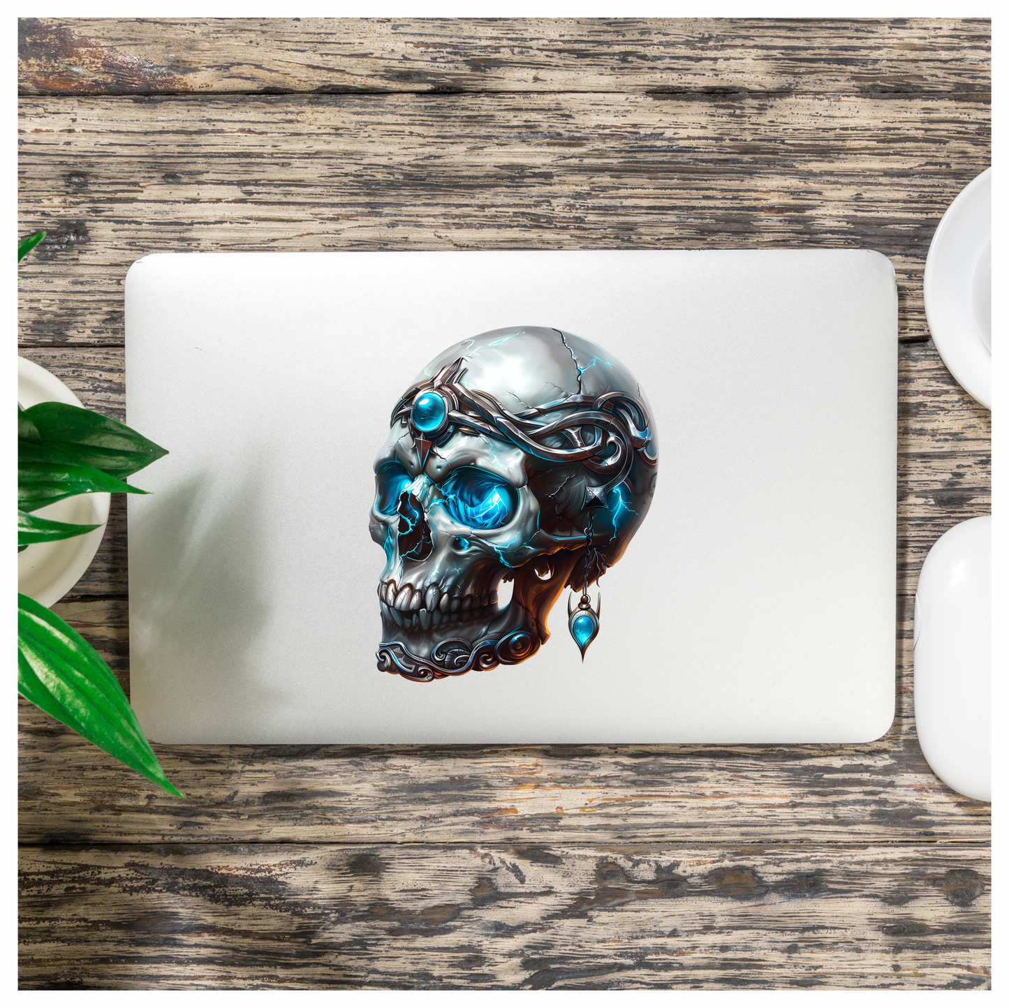 Skull Blue Glowing Metal Dark Ornate Vinyl Sticker Decal