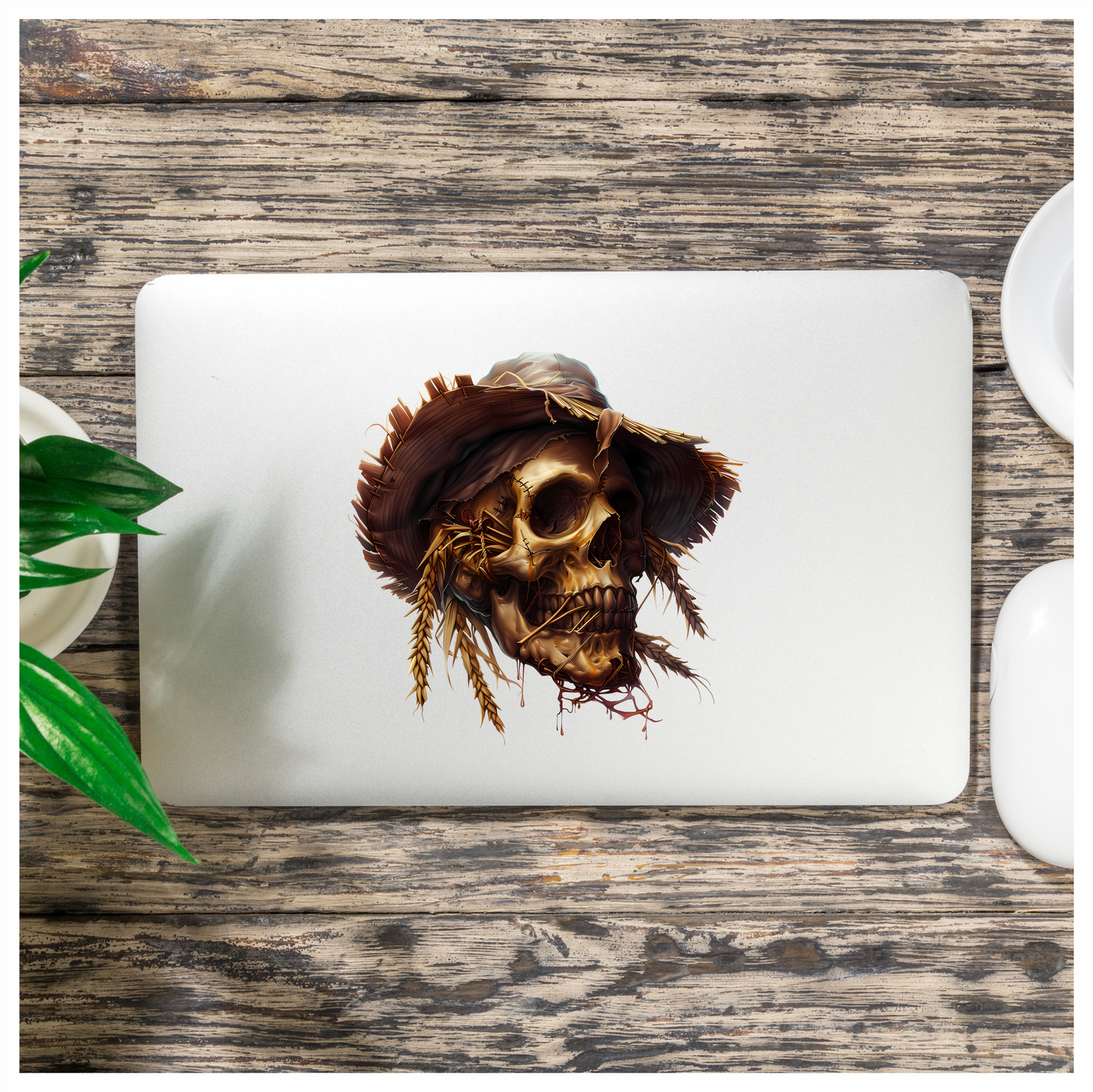Skull Hat Stitched Straw Brown Vinyl Sticker Decal