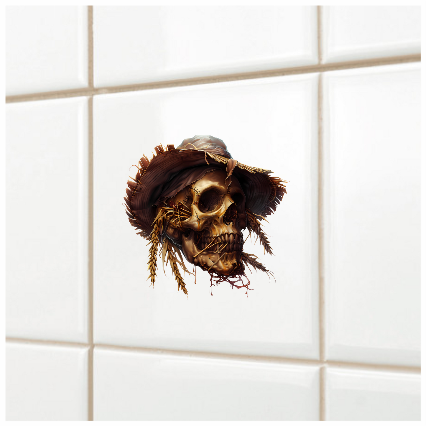 Skull Hat Stitched Straw Brown Vinyl Sticker Decal