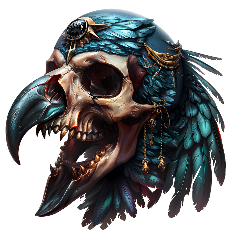 Bird Skull Blue Feathers Golden Details Vinyl Sticker Decal