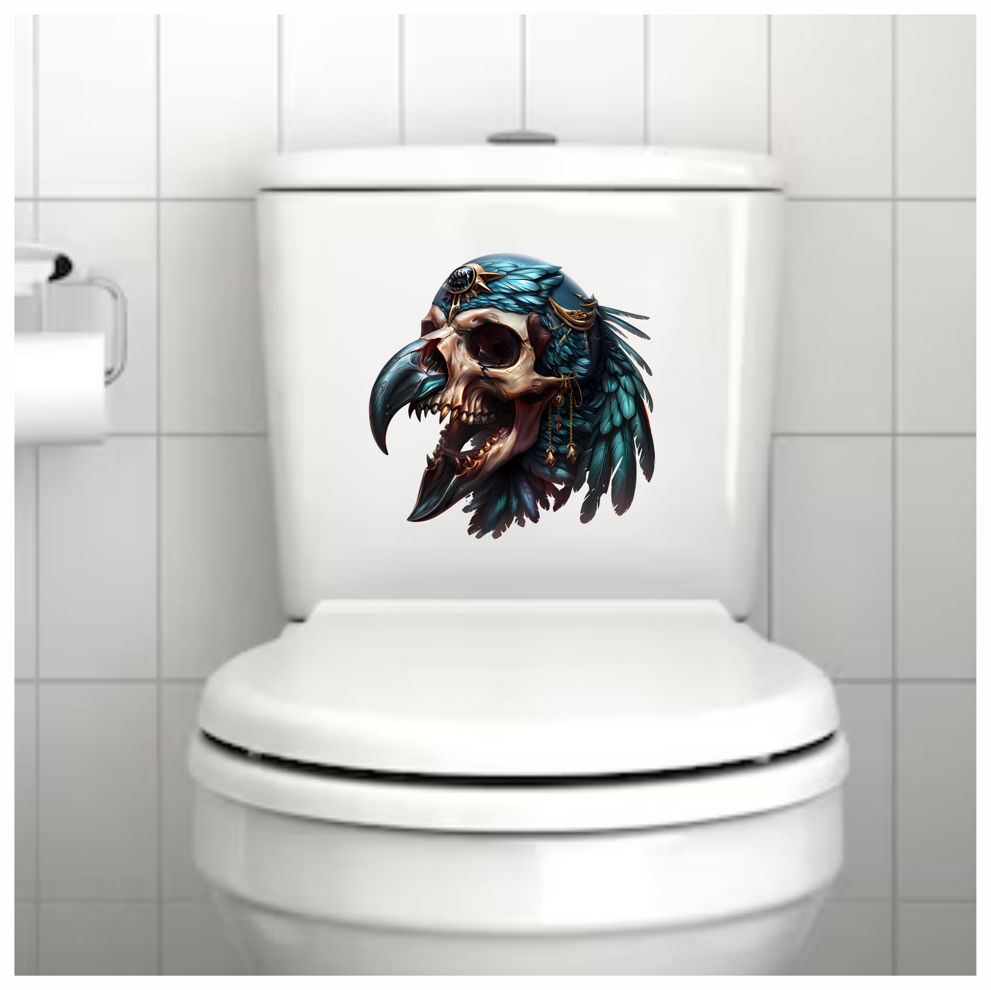 Bird Skull Blue Feathers Golden Details Vinyl Sticker Decal