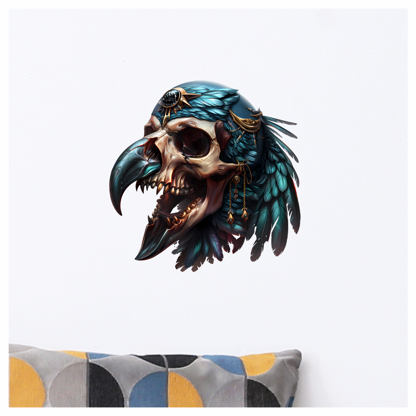 Bird Skull Blue Feathers Golden Details Vinyl Sticker Decal