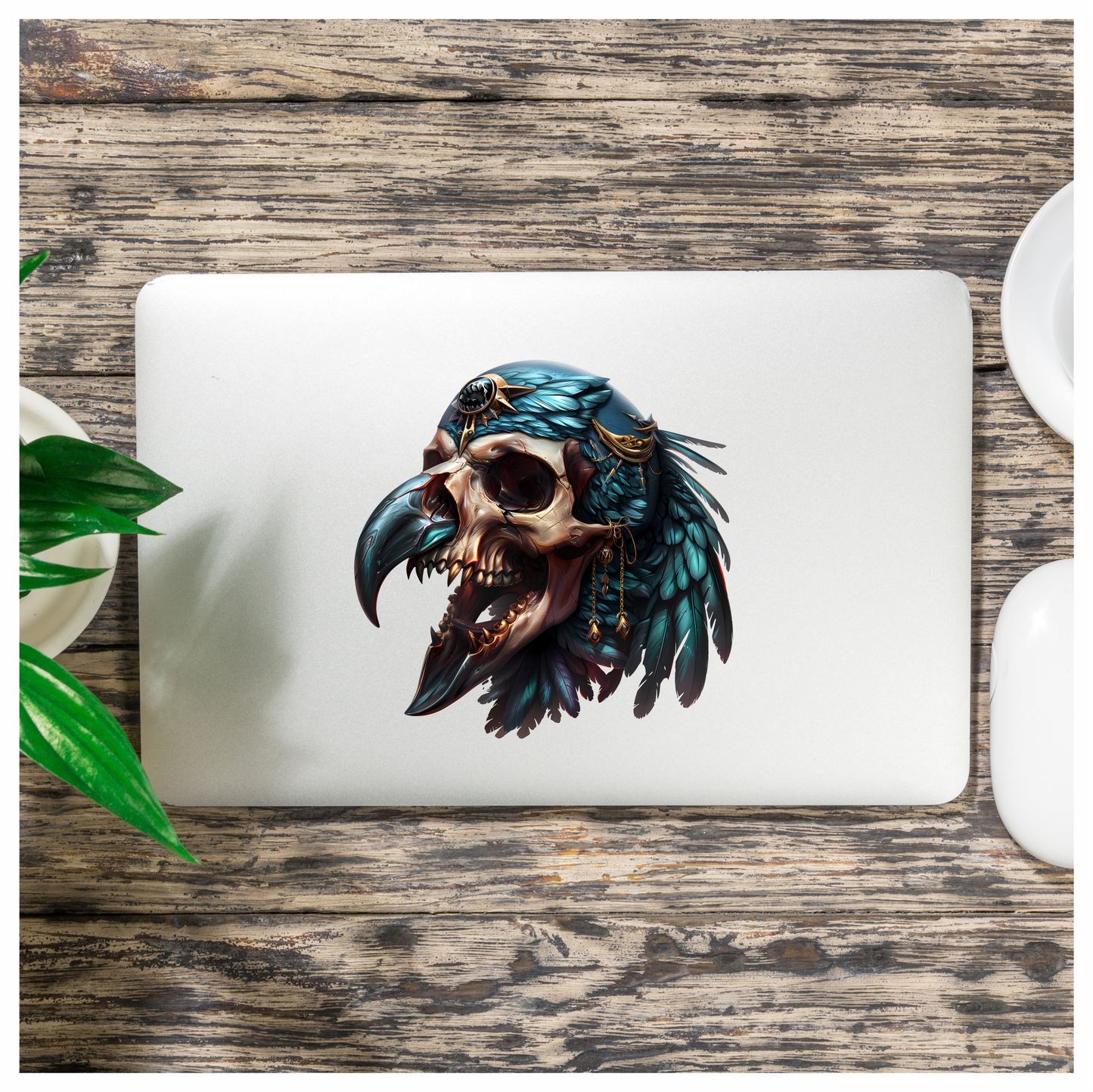 Bird Skull Blue Feathers Golden Details Vinyl Sticker Decal