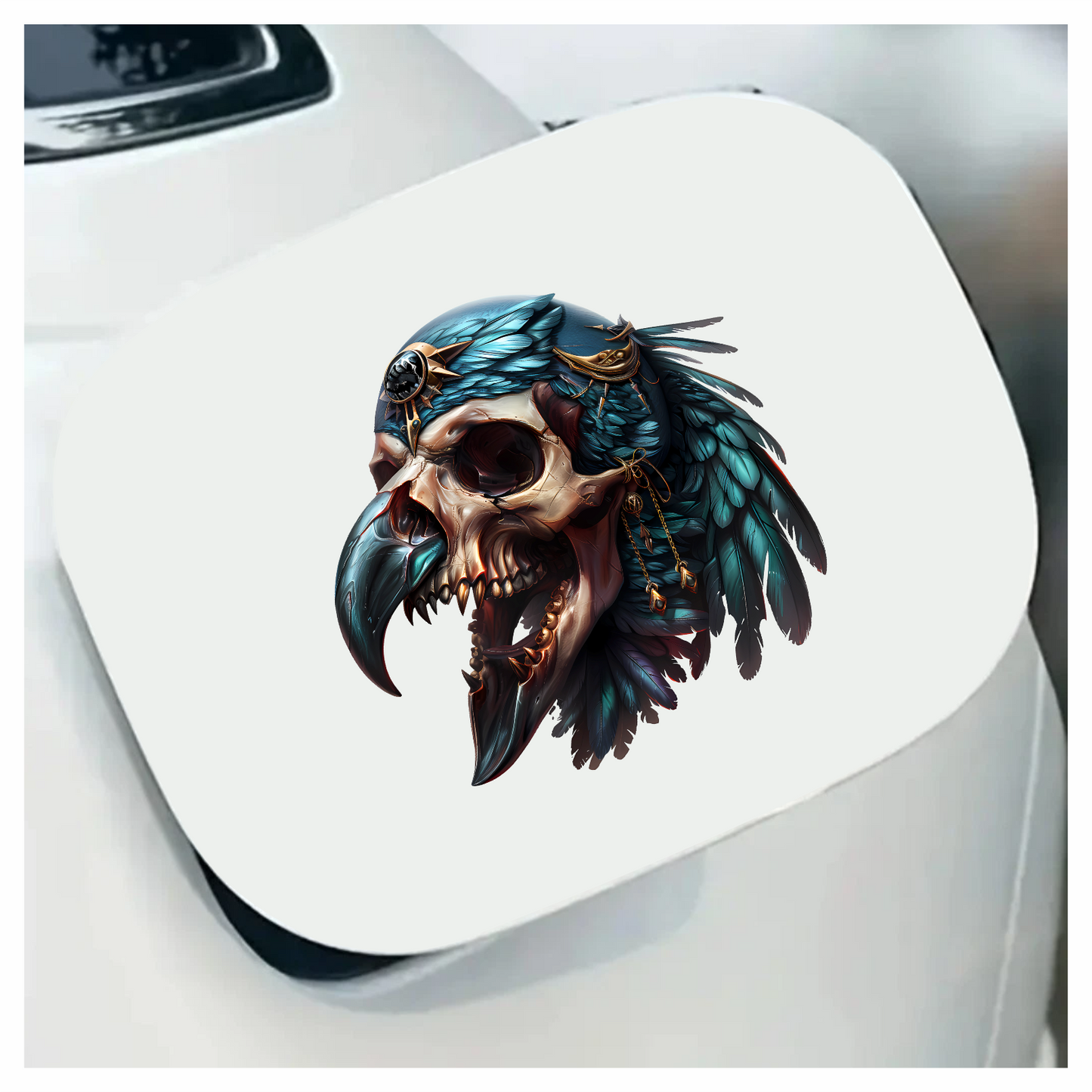 Bird Skull Blue Feathers Golden Details Vinyl Sticker Decal