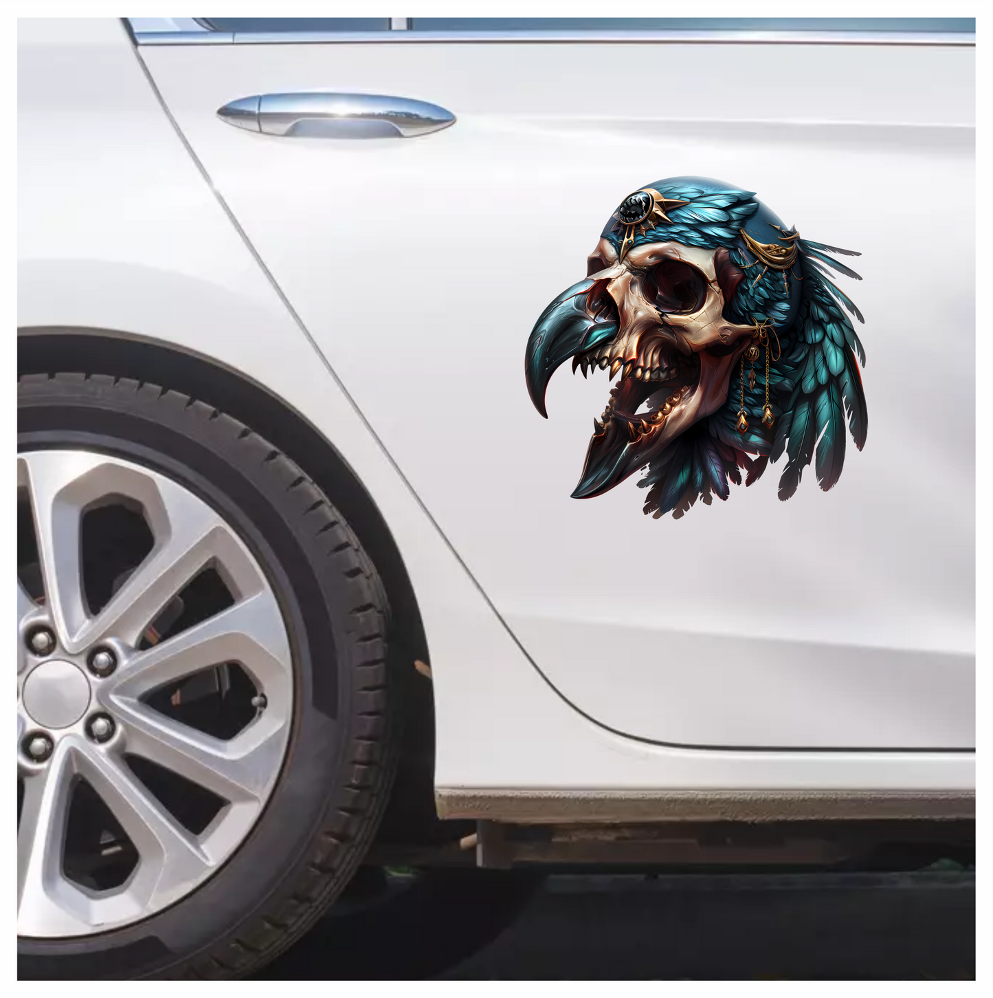 Bird Skull Blue Feathers Golden Details Vinyl Sticker Decal
