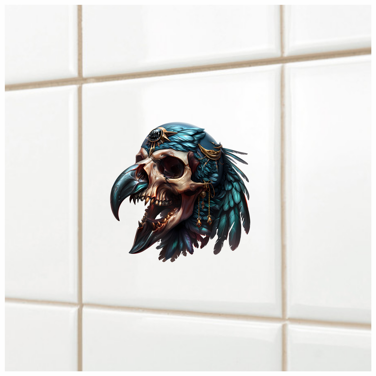 Bird Skull Blue Feathers Golden Details Vinyl Sticker Decal