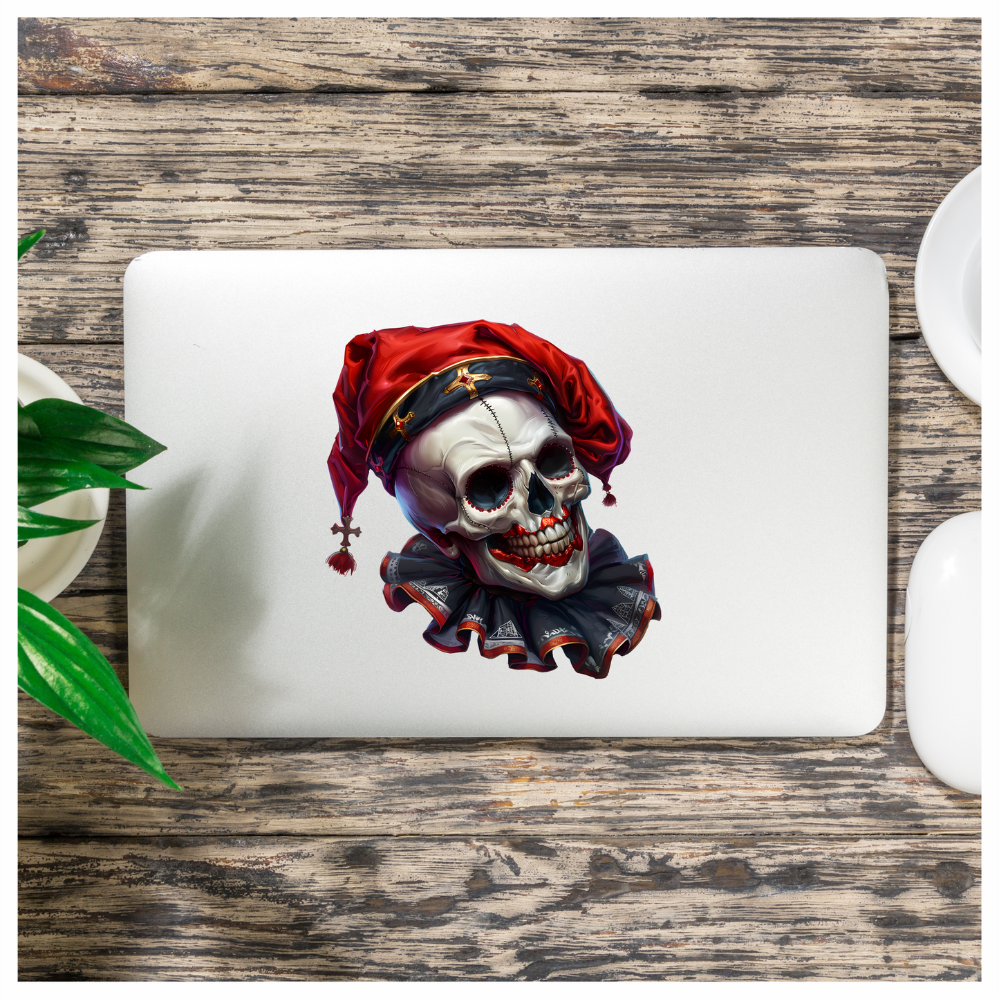 Skull Red Hat Ruffled Black Teeth Vinyl Sticker Decal