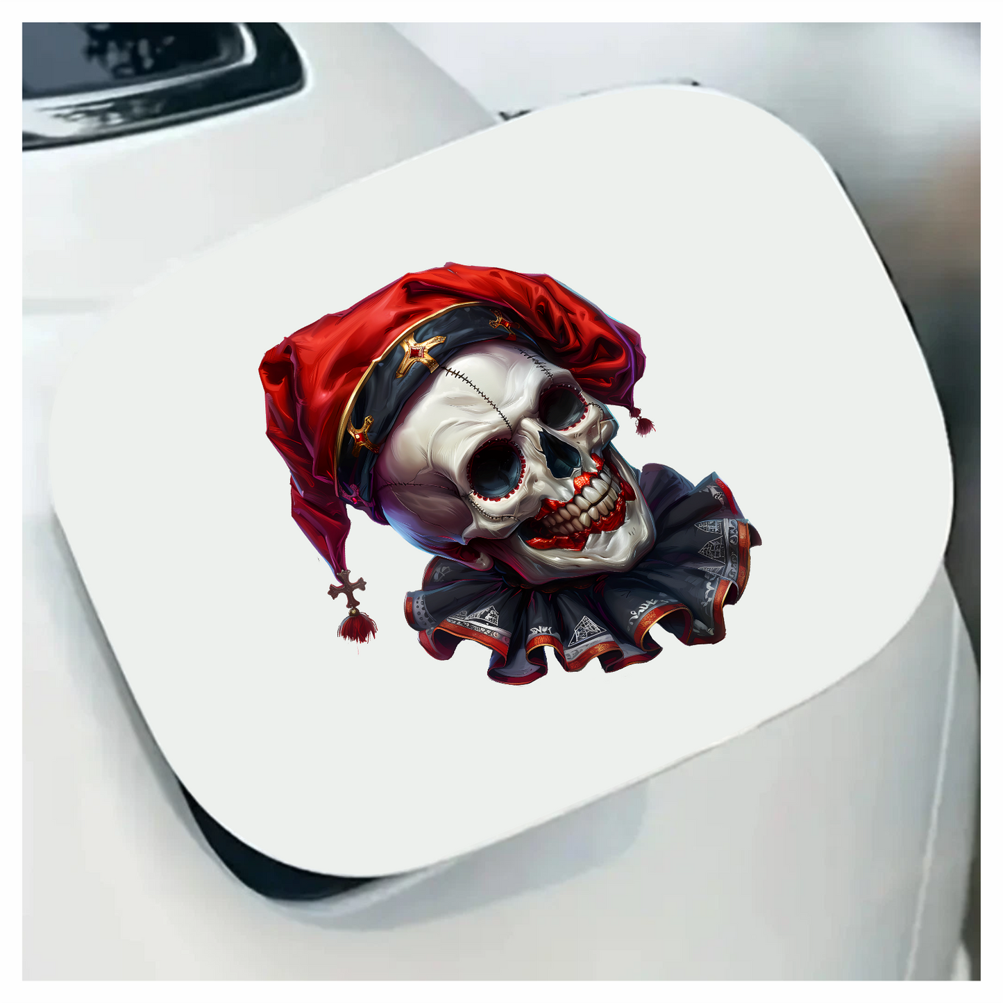 Skull Red Hat Ruffled Black Teeth Vinyl Sticker Decal