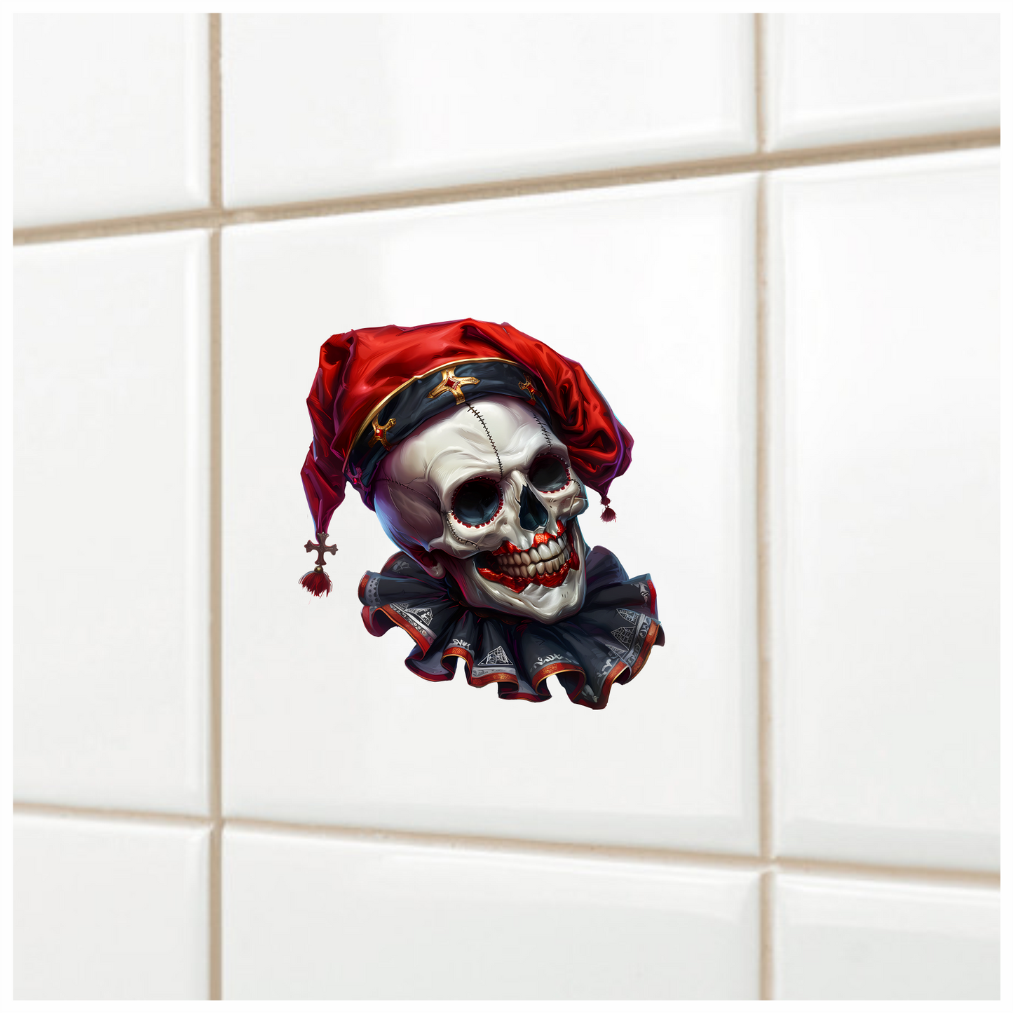 Skull Red Hat Ruffled Black Teeth Vinyl Sticker Decal