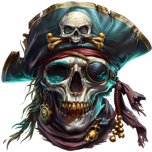 Skull Pirate Hat Gold Blue Vinyl Sticker Decal