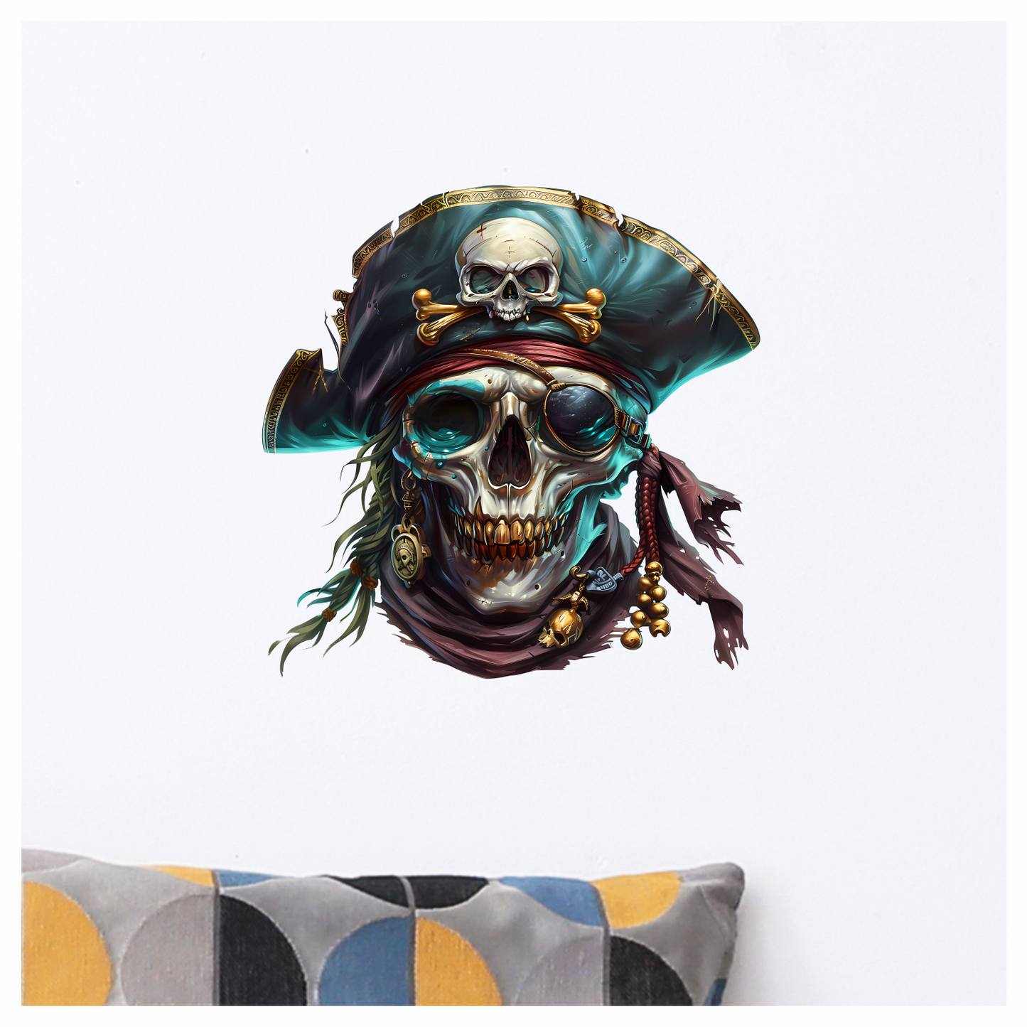 Skull Pirate Hat Gold Blue Vinyl Sticker Decal