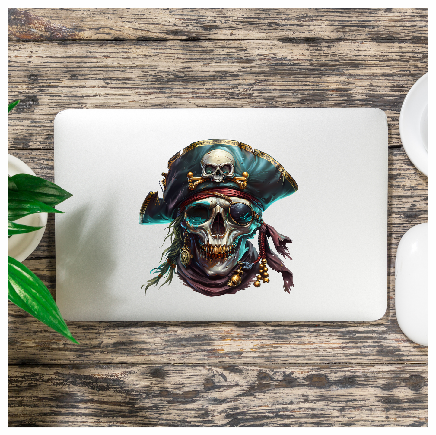 Skull Pirate Hat Gold Blue Vinyl Sticker Decal