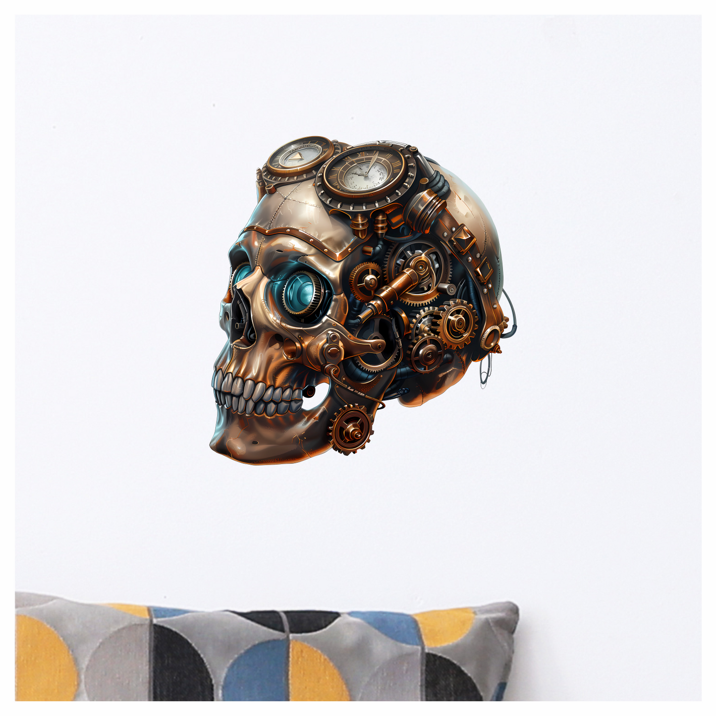 Steampunk Skull Mechanical Clock Gears Blue Vinyl Sticker Decal