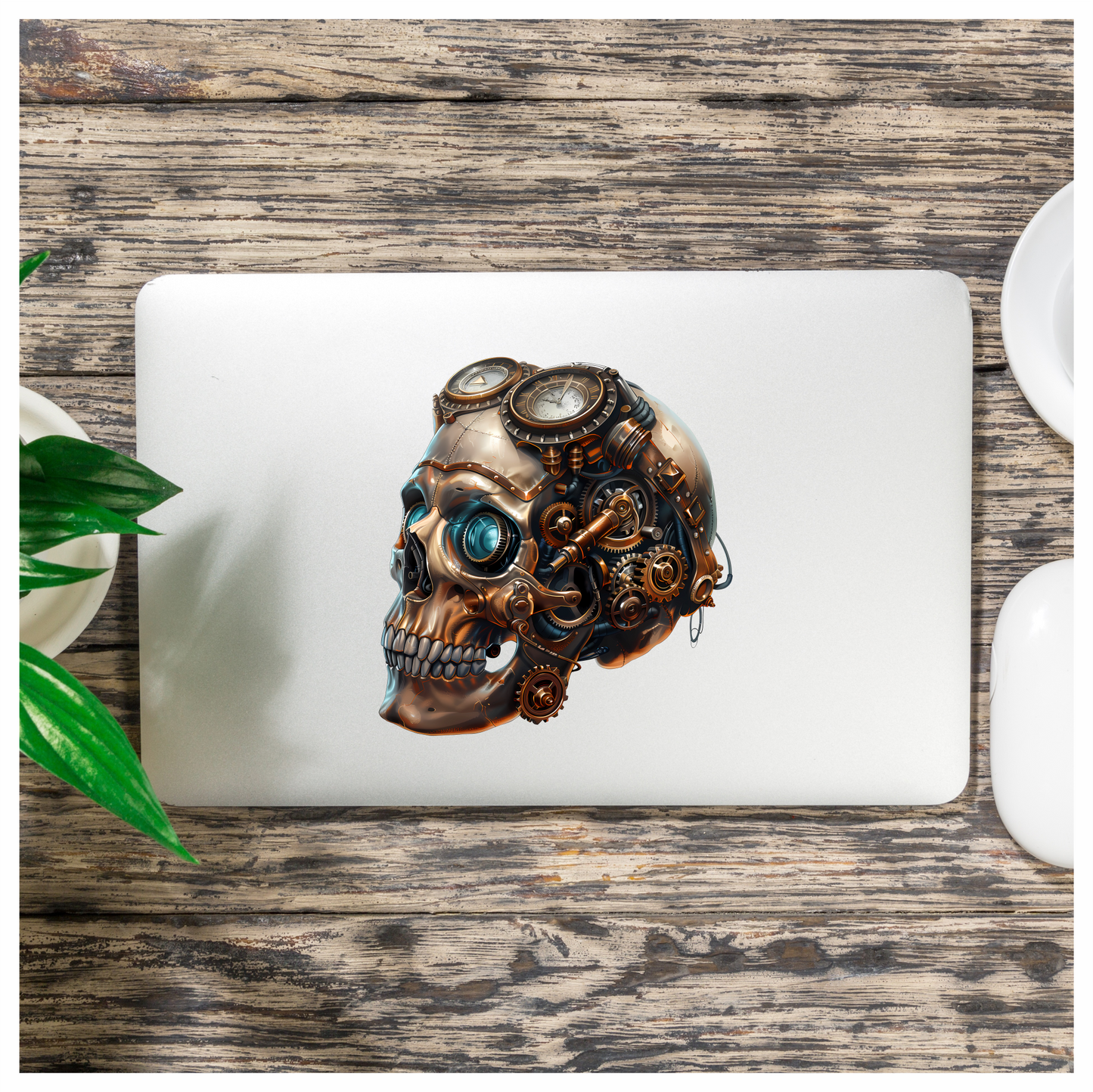 Steampunk Skull Mechanical Clock Gears Blue Vinyl Sticker Decal