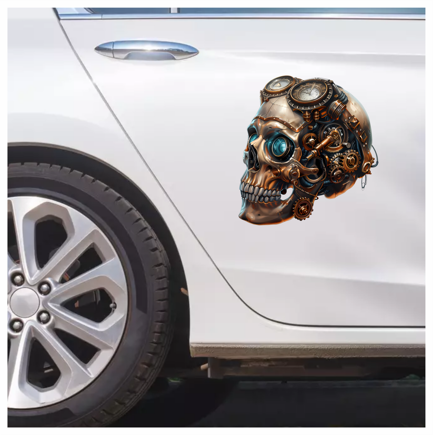 Steampunk Skull Mechanical Clock Gears Blue Vinyl Sticker Decal
