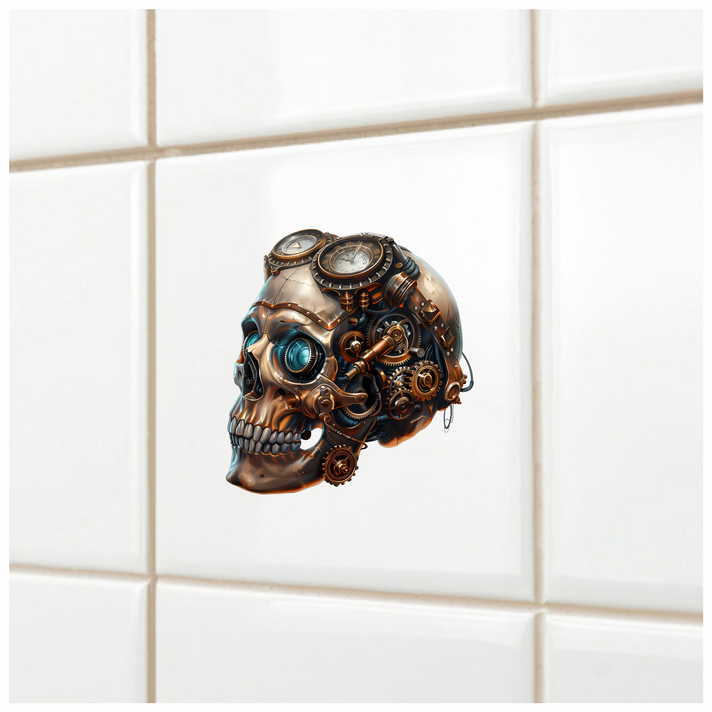 Steampunk Skull Mechanical Clock Gears Blue Vinyl Sticker Decal