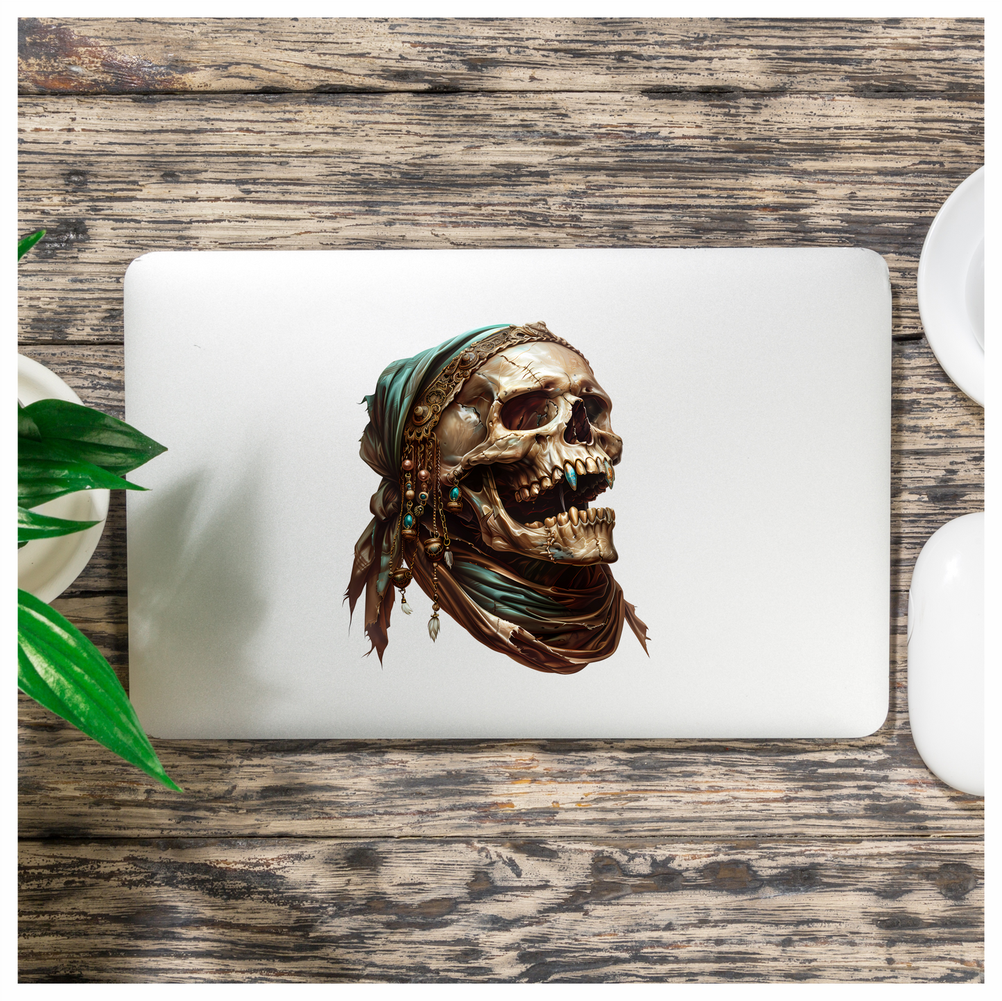 Skull, Headscarf, Jewelry, Brown, Beads, Vinyl Sticker Decal