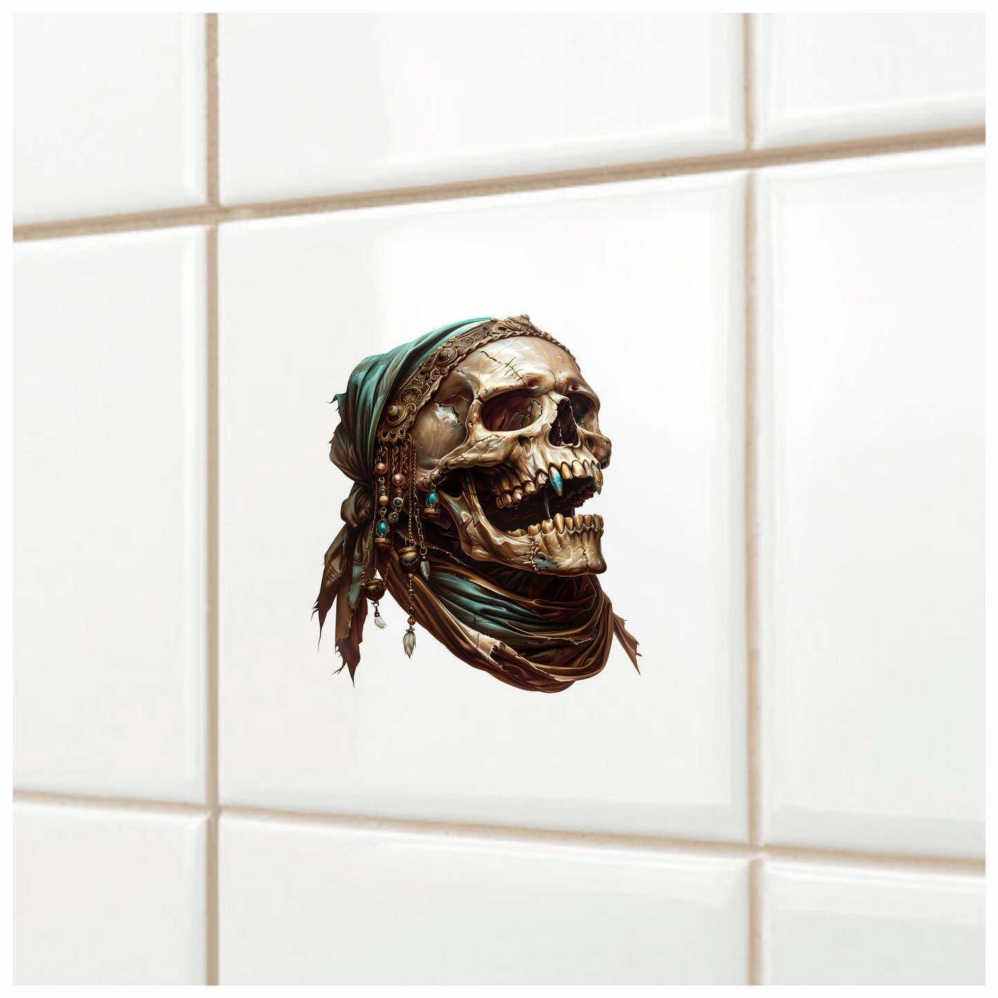 Skull, Headscarf, Jewelry, Brown, Beads, Vinyl Sticker Decal