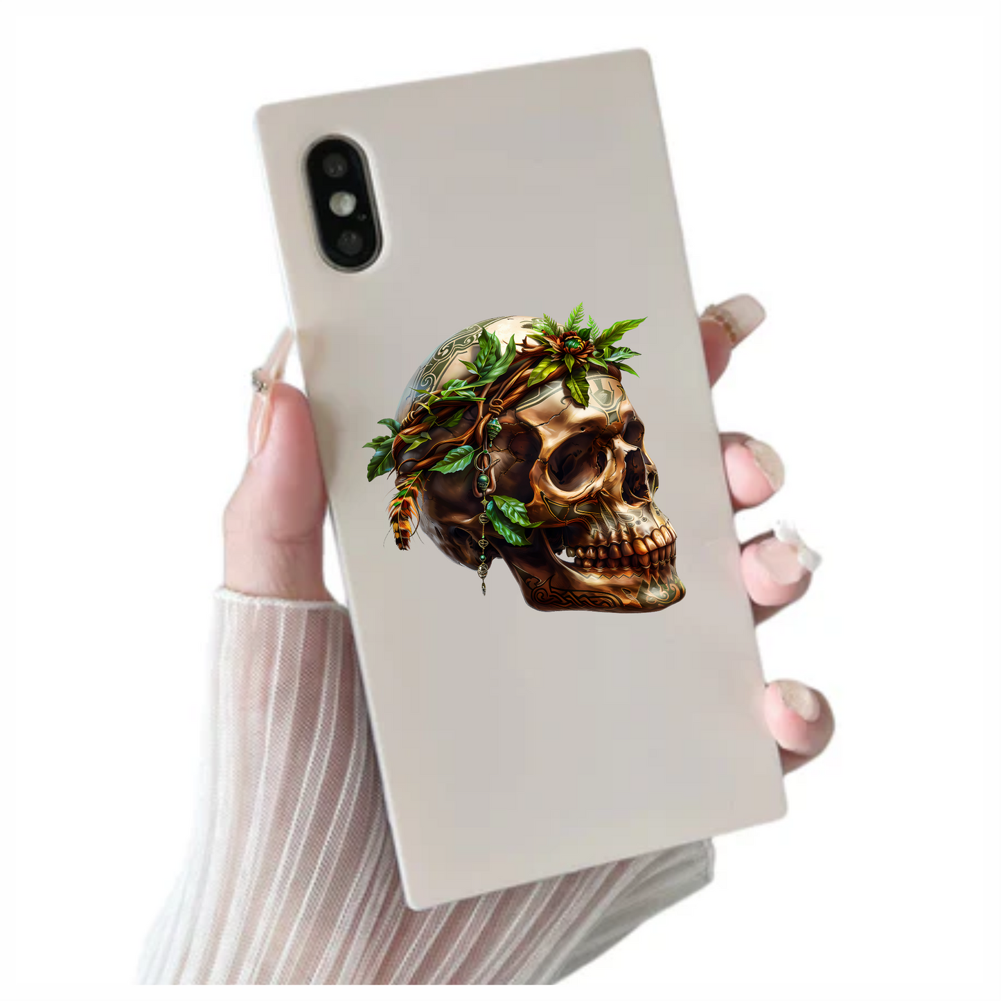 Skull Green Leaves Brown Feathers Nature Plant Vinyl Sticker Decal