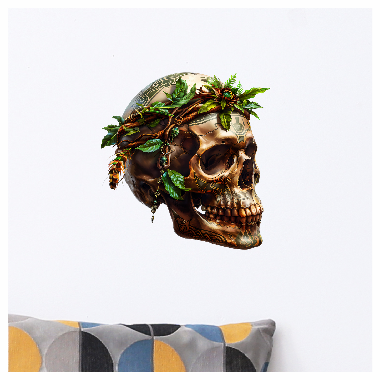 Skull Green Leaves Brown Feathers Nature Plant Vinyl Sticker Decal