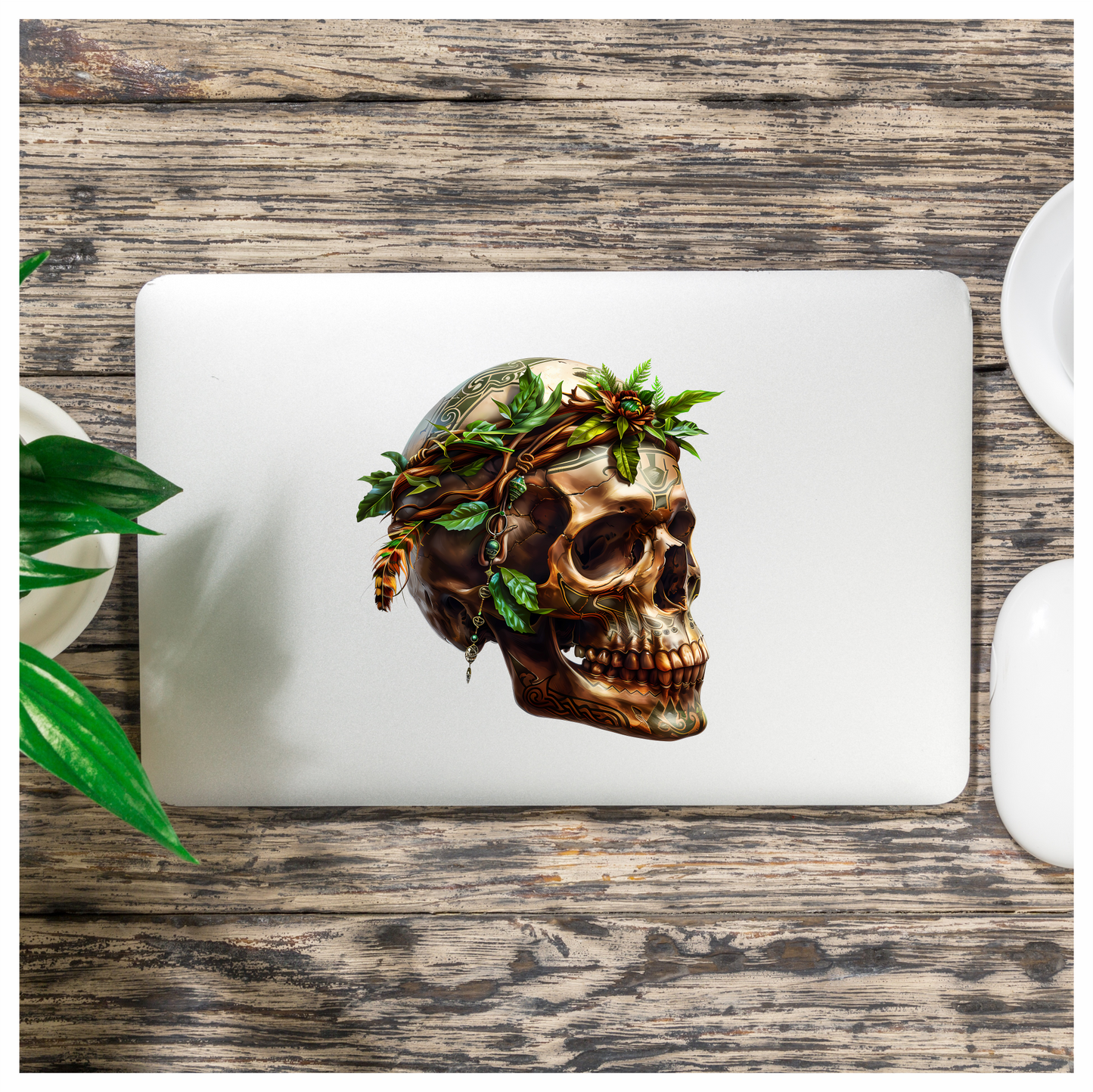 Skull Green Leaves Brown Feathers Nature Plant Vinyl Sticker Decal