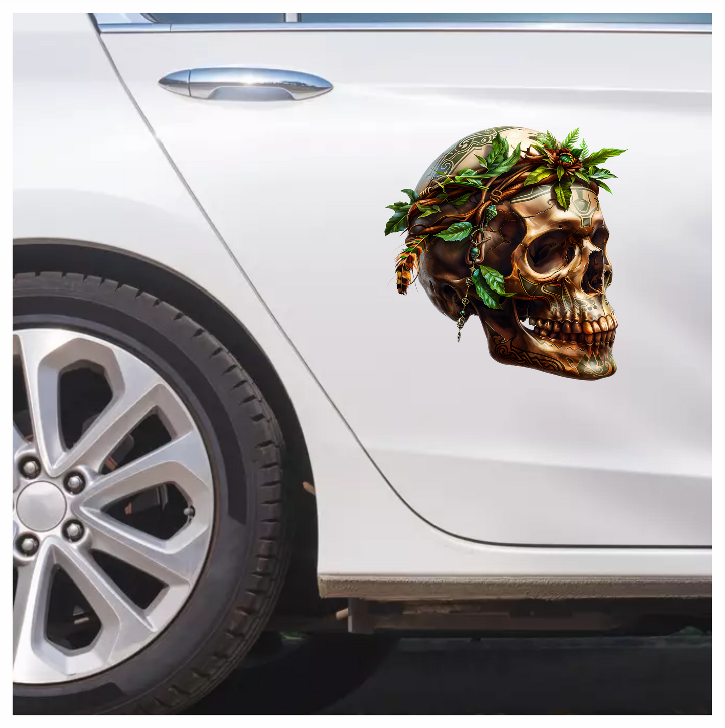 Skull Green Leaves Brown Feathers Nature Plant Vinyl Sticker Decal