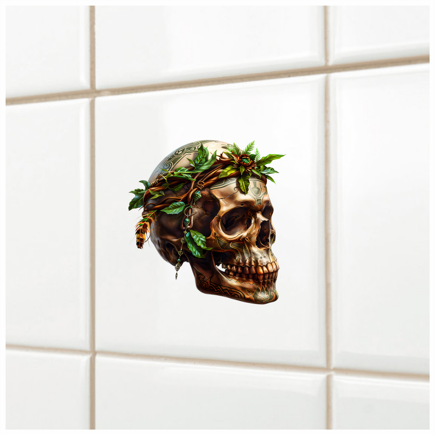 Skull Green Leaves Brown Feathers Nature Plant Vinyl Sticker Decal