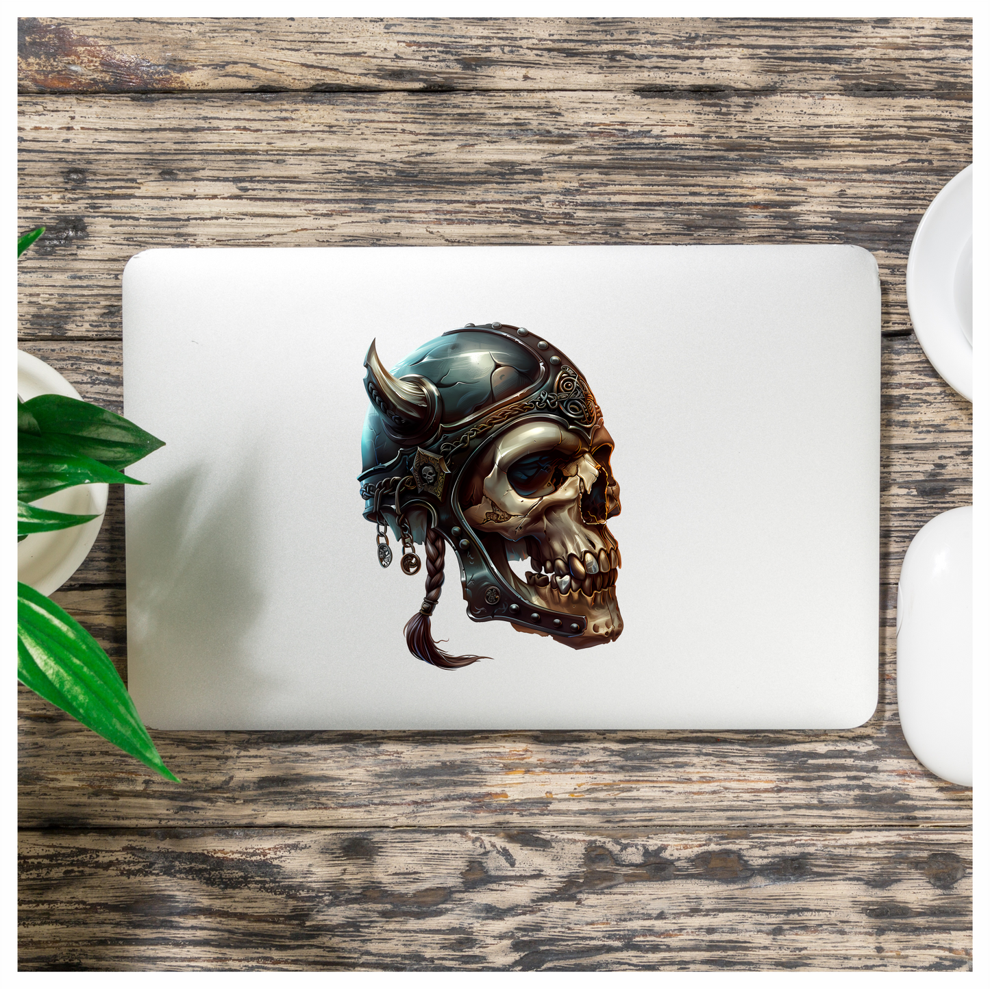 Skull Helmet Viking Silver Horns Vinyl Sticker Decal