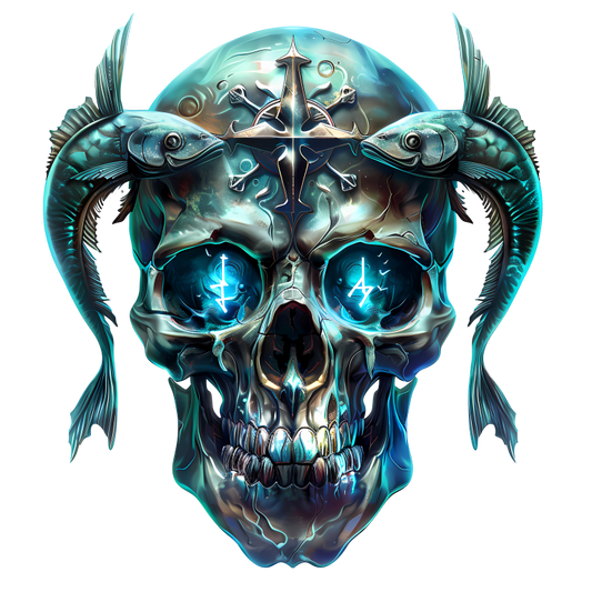 Skull Fish Blue Glowing Eyes Metal Vinyl Sticker Decal