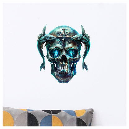 Skull Fish Blue Glowing Eyes Metal Vinyl Sticker Decal