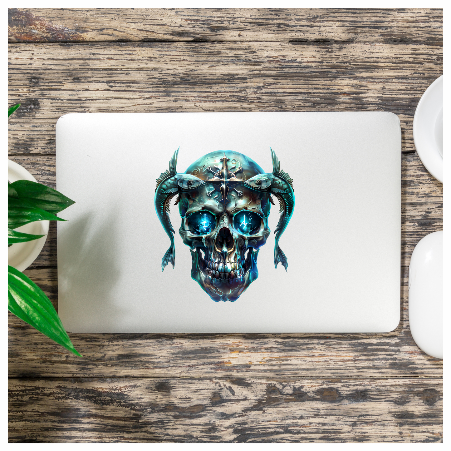 Skull Fish Blue Glowing Eyes Metal Vinyl Sticker Decal