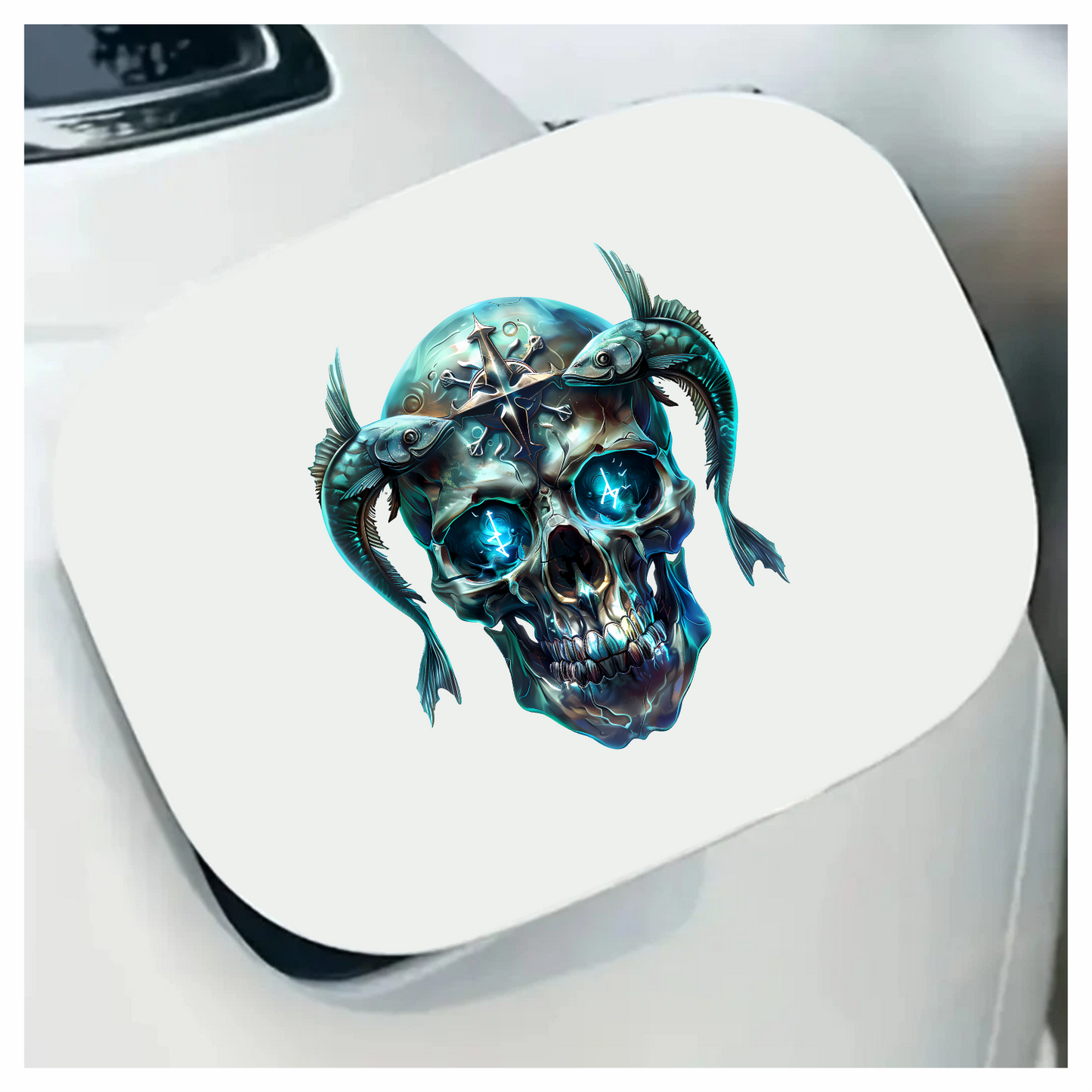 Skull Fish Blue Glowing Eyes Metal Vinyl Sticker Decal