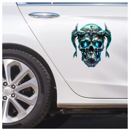 Skull Fish Blue Glowing Eyes Metal Vinyl Sticker Decal