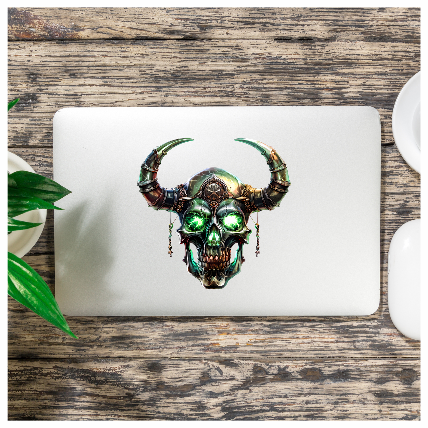 Skull Green Glowing Horns Metallic Viking Vinyl Sticker Decal