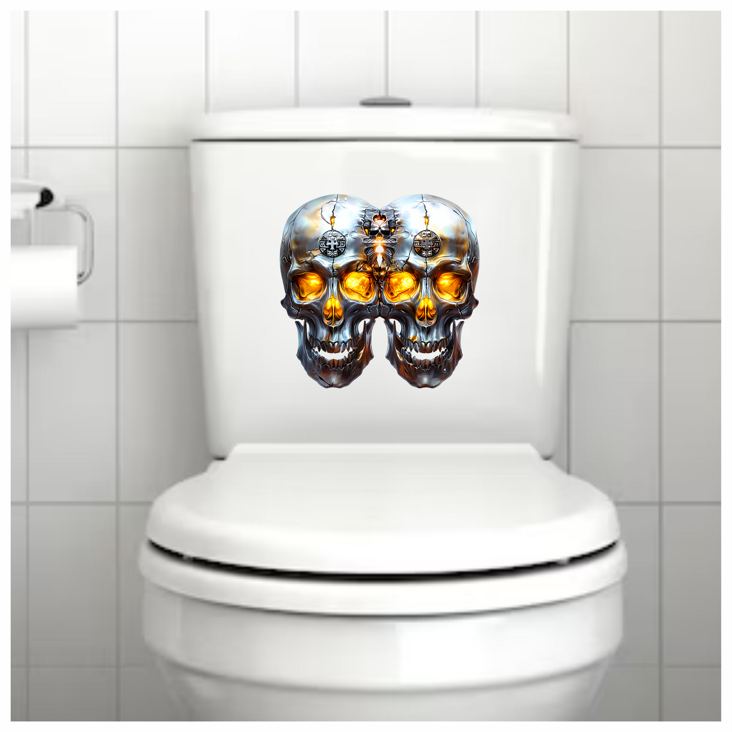 Silver Skull Orange Eyes Cat Vinyl Sticker Decal